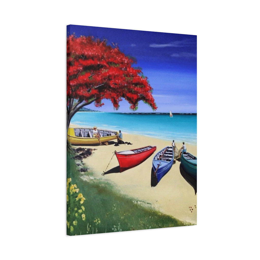 Beach Canoes Canvas Wall Art Tropical Seaside Landscape Matte Stretched Canvas