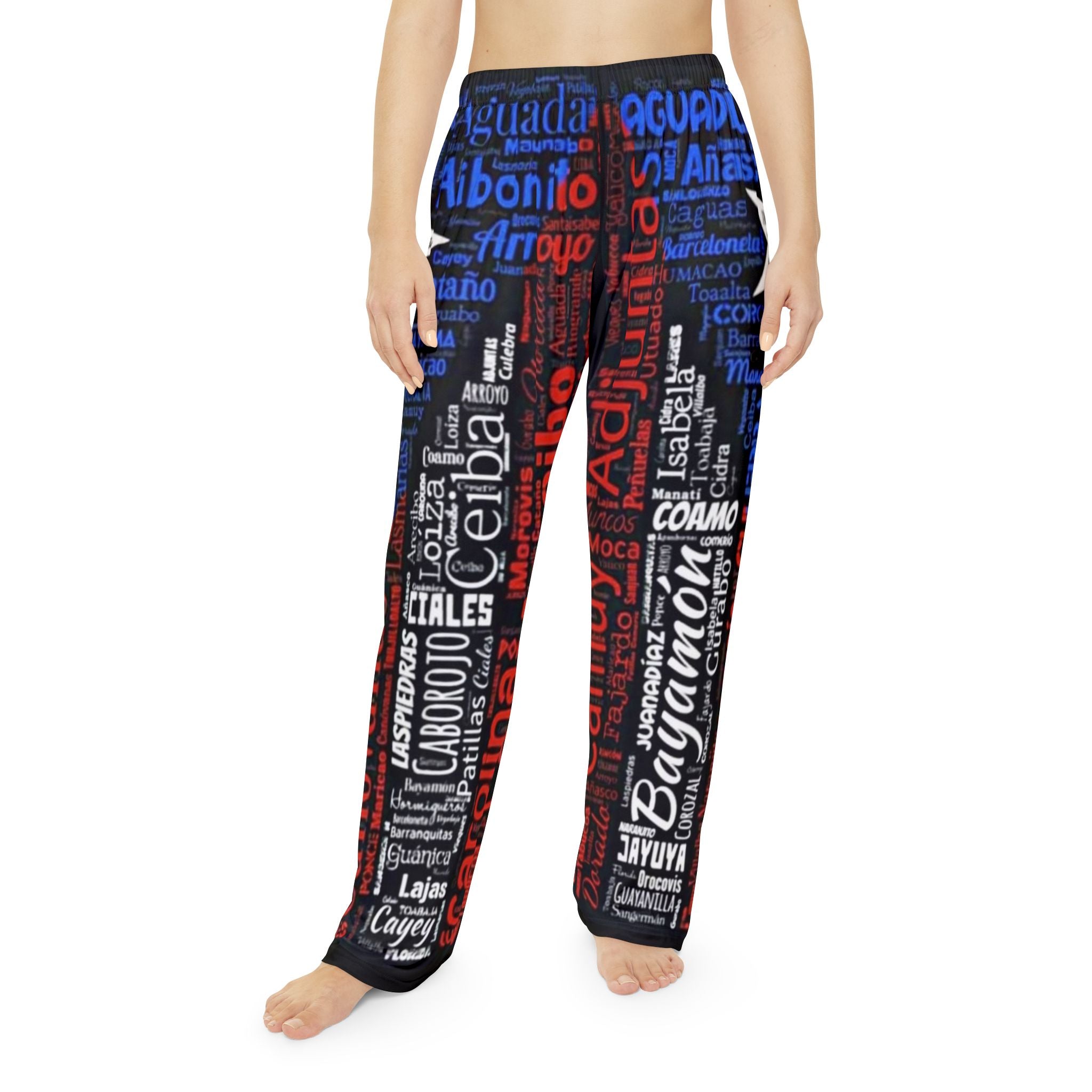 Puerto Rico Wordcloud Pajama Pants — Red White & Blue Island City Names  Puerto Rico–inspired Christmas pajamas