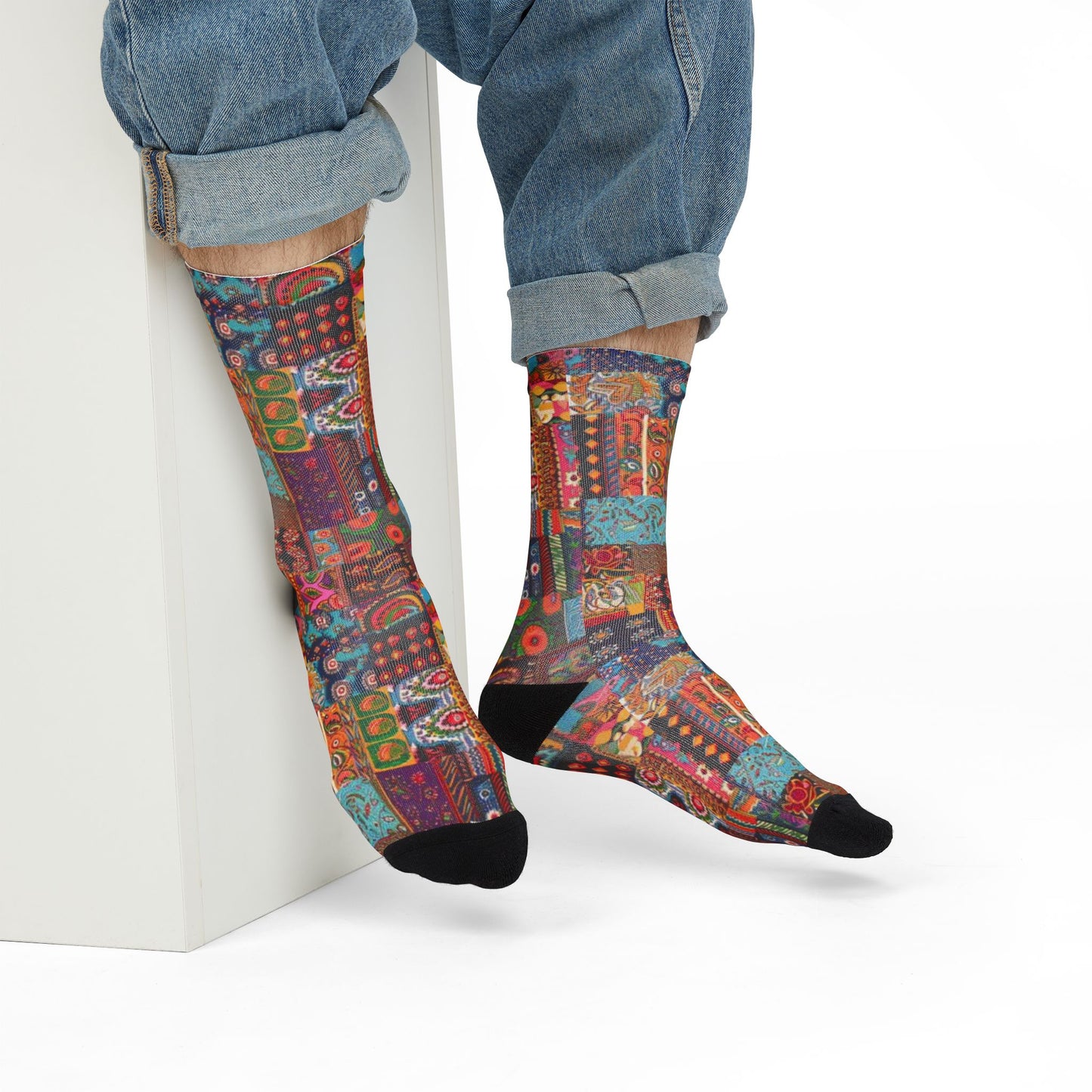 Colorful Patchwork Crew Socks Vibrant Boho Sublimation Design