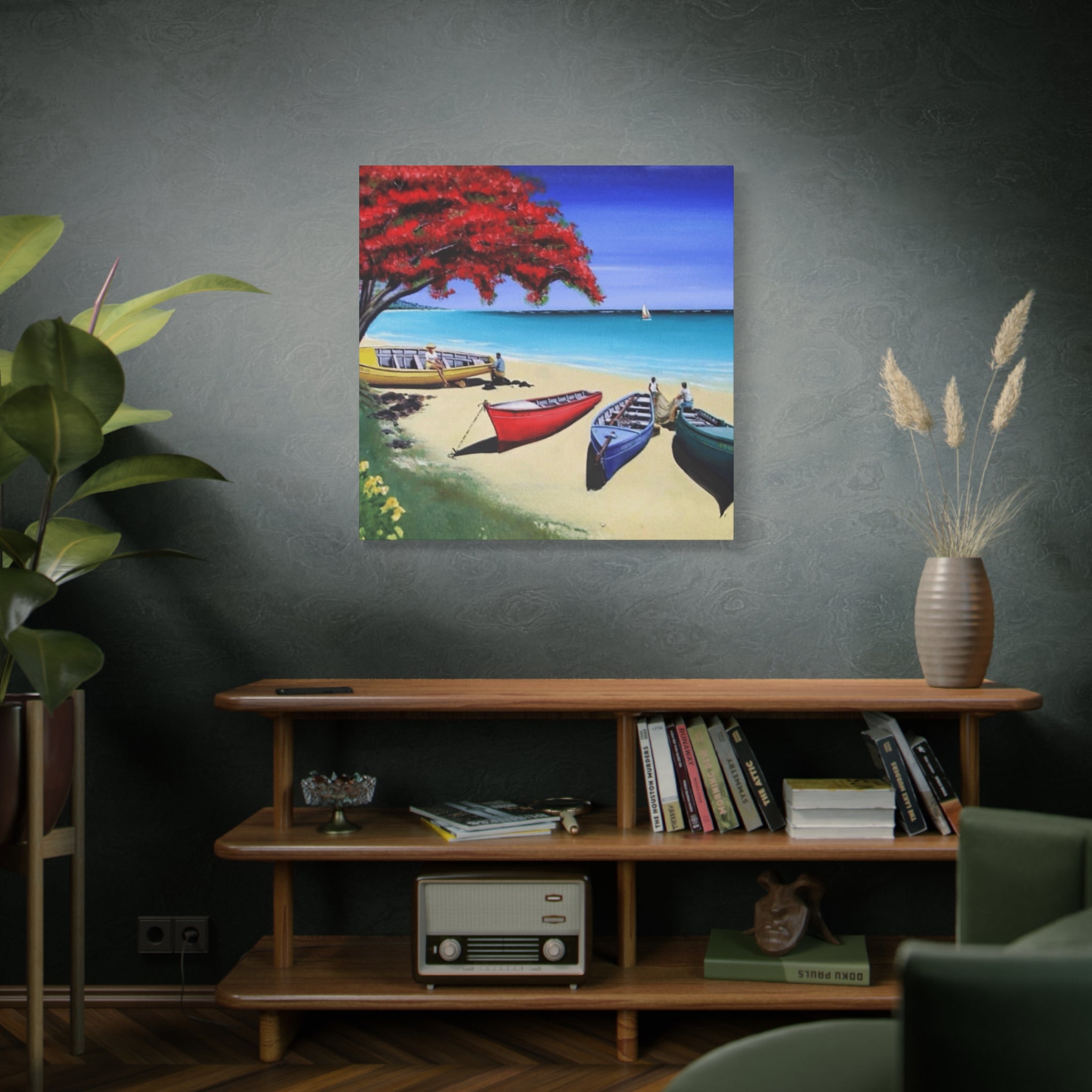 Beach Canoes Canvas Wall Art Tropical Seaside Landscape Matte Stretched Canvas