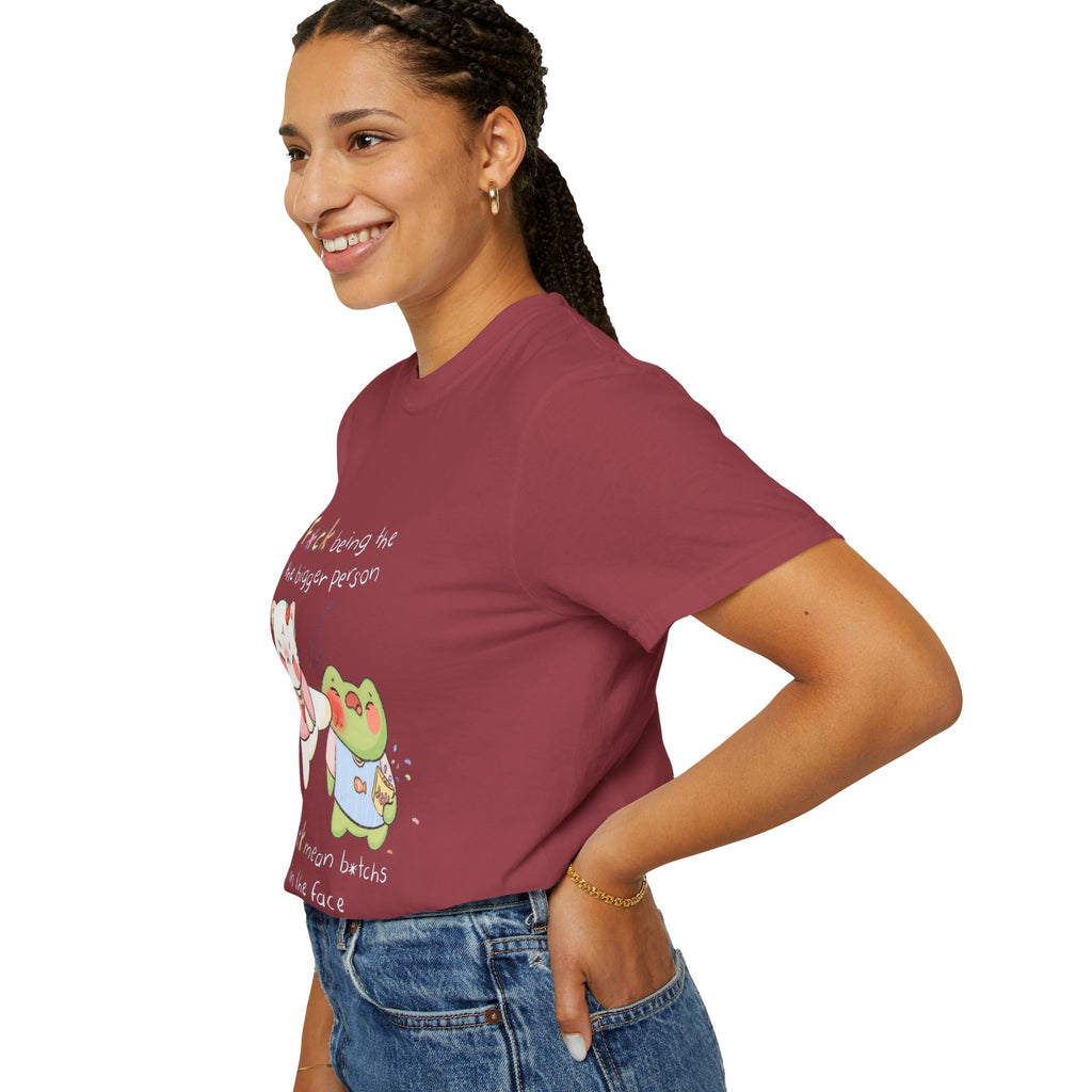 Graphic T-Shirt  Cute Kicking Cat & Frog with 'F*ck Being The Bigger Person' Slogan