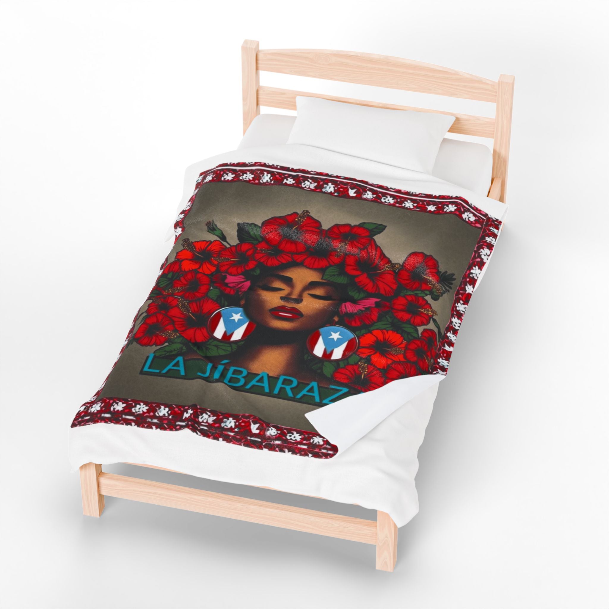La Jíbaraza Velveteen Plush Blanket  Puerto Rican Floral Afro-Latina Portrait Throw