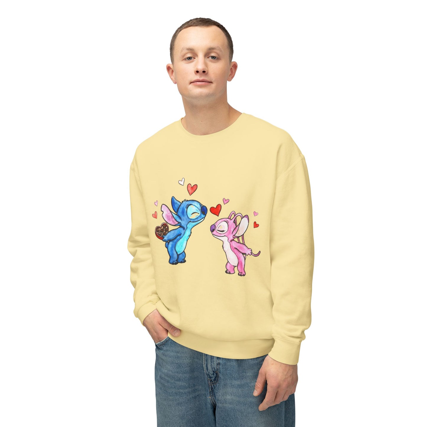 Cute Stitch Valentine Sweatshirt — Blue & Pink Love Characters with Hearts