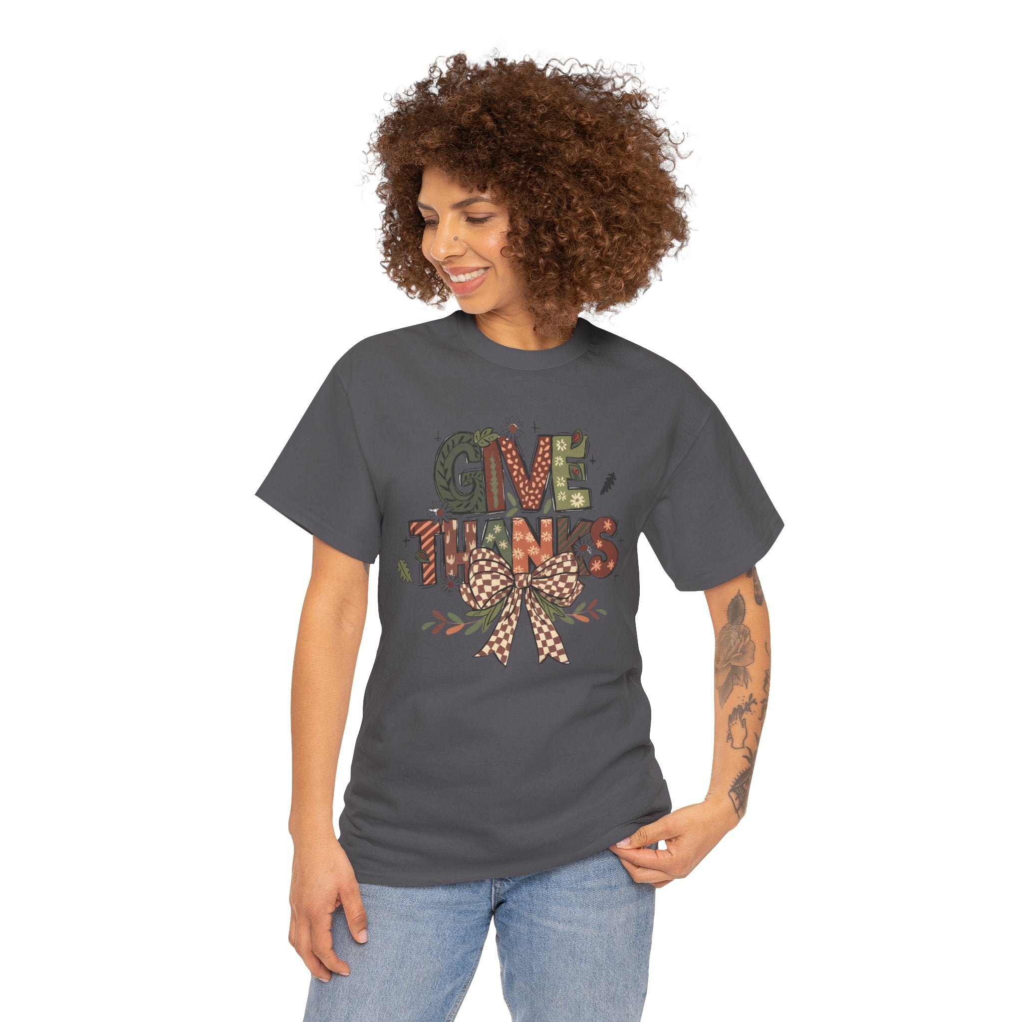 Give Thanks Tee Thanksgiving Graphic T-Shirt with Rustic Bow Design