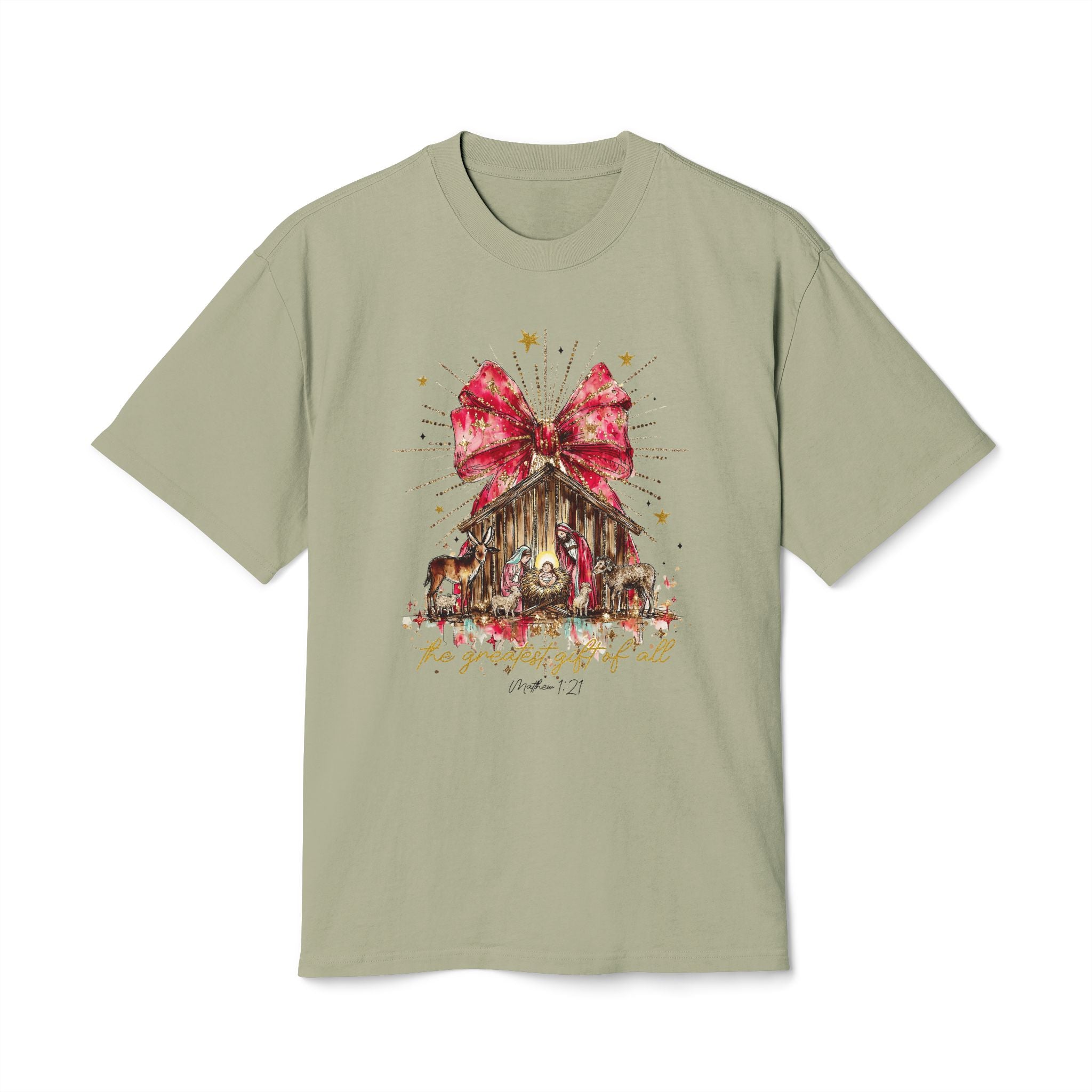 Christmas Nativity Tee  Rustic Manger with Red Bow Holiday T‑Shirt Christmas T-shirts and sweaters