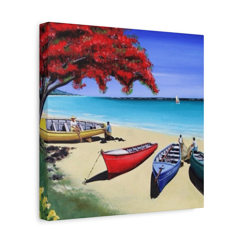 Beach Canoes Canvas Wall Art Tropical Seaside Landscape Matte Stretched Canvas