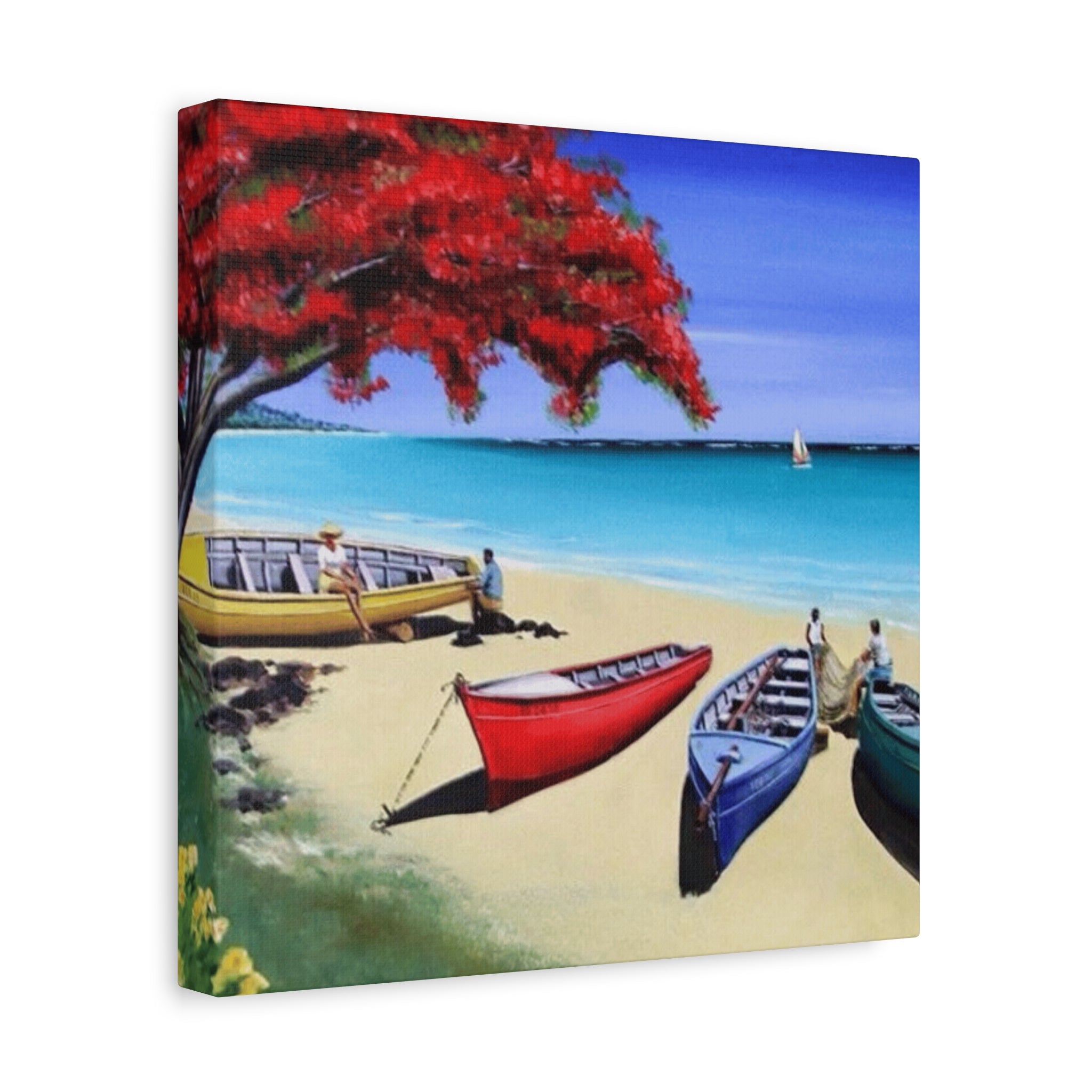 Beach Canoes Canvas Wall Art Tropical Seaside Landscape Matte Stretched Canvas