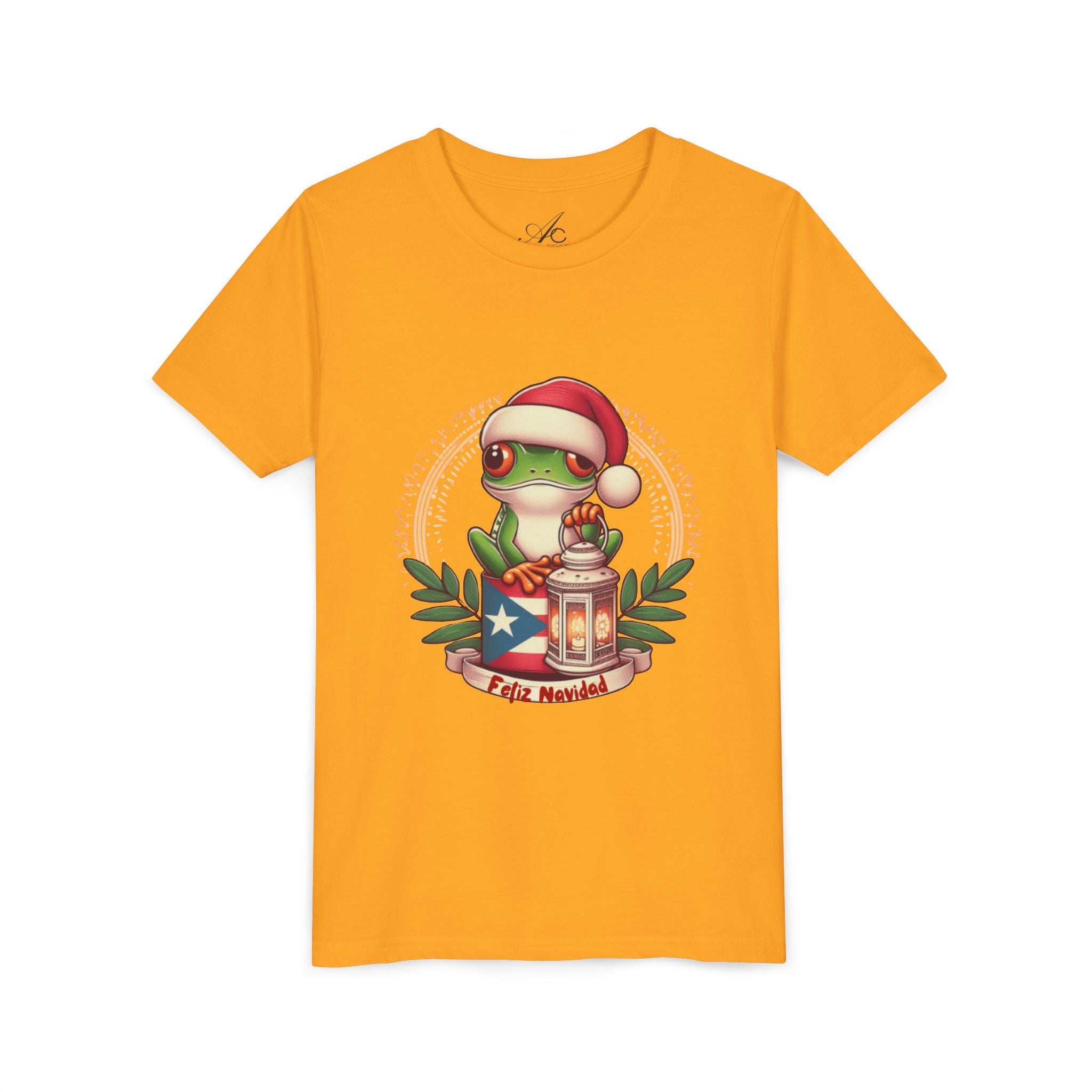 Kids Tee Cute Frog with Puerto Rican Flag & Lantern (Feliz Navidad)