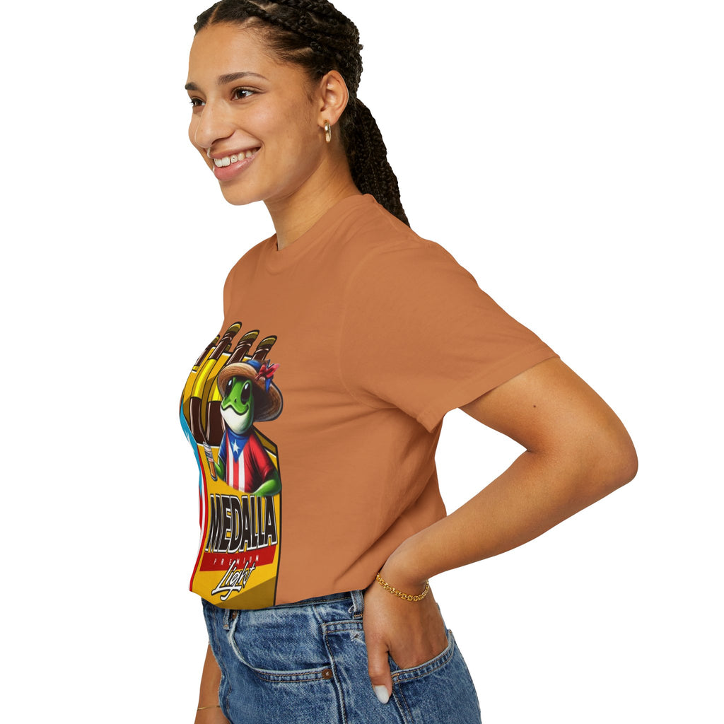 Medalla Light Puerto Rican Beer T-Shirt Coqui Frog Mascot Six-Pack Graphic Tee Puerto Rico’s Navidades