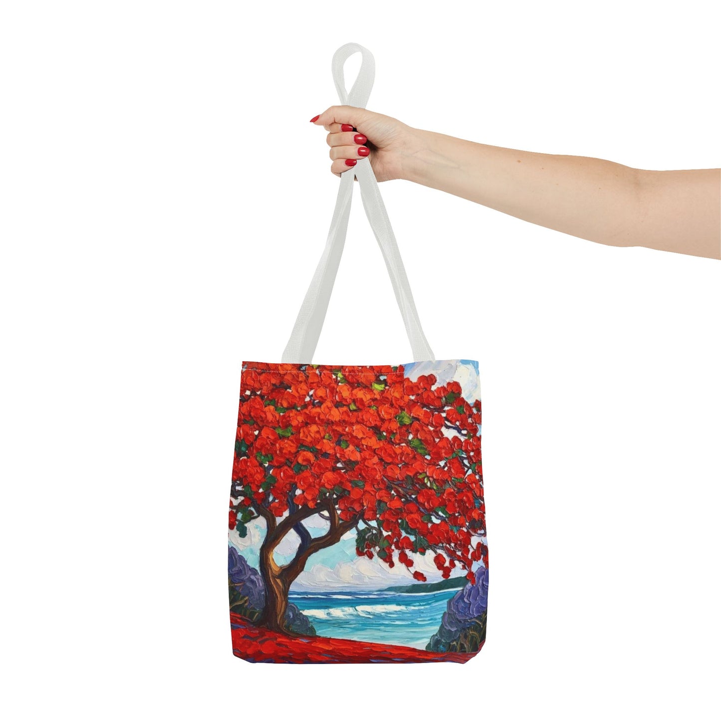 Red Blossom Beach Tote - Tropical Tree Art All-Over Print Tote Bag Crochet-Decorated Tote Bags
