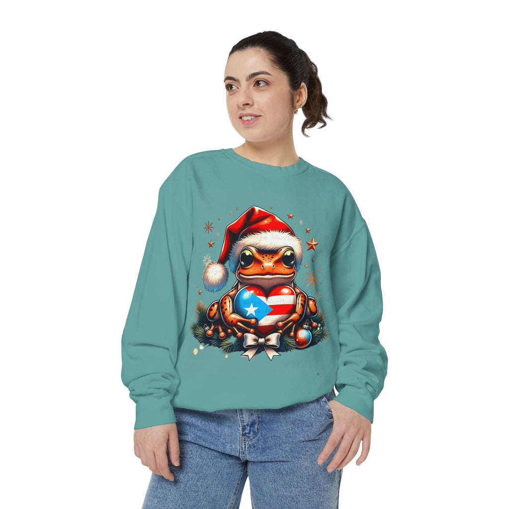 Christmas Coqui Sweatshirt — Cute Santa Frog Holding Ornament Holiday Sweater