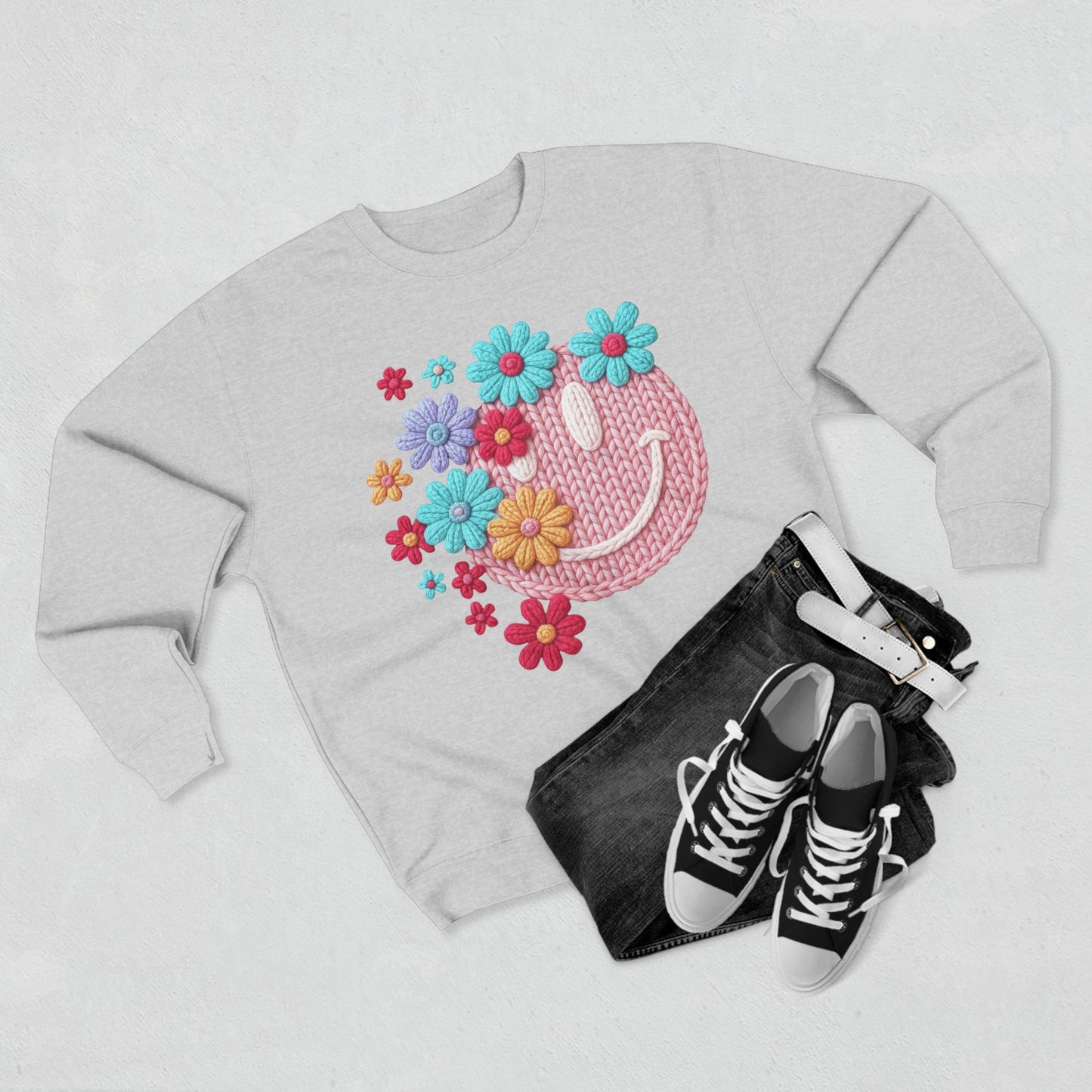 Floral Knit Smile Sweatshirt Cozy, Unbothered