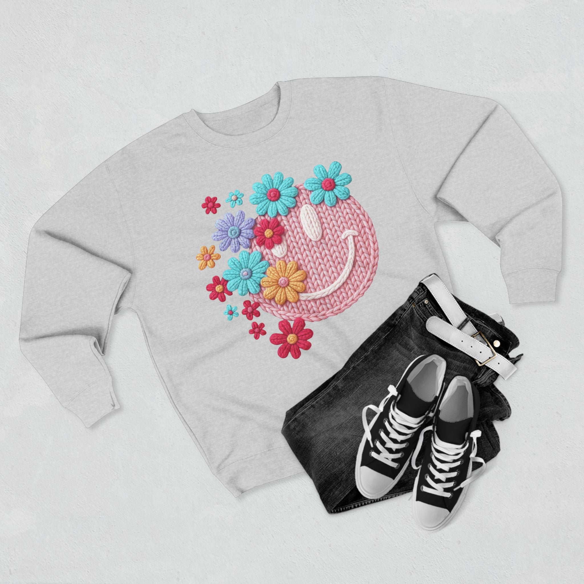Floral Knit Smile Sweatshirt Cozy, Unbothered
