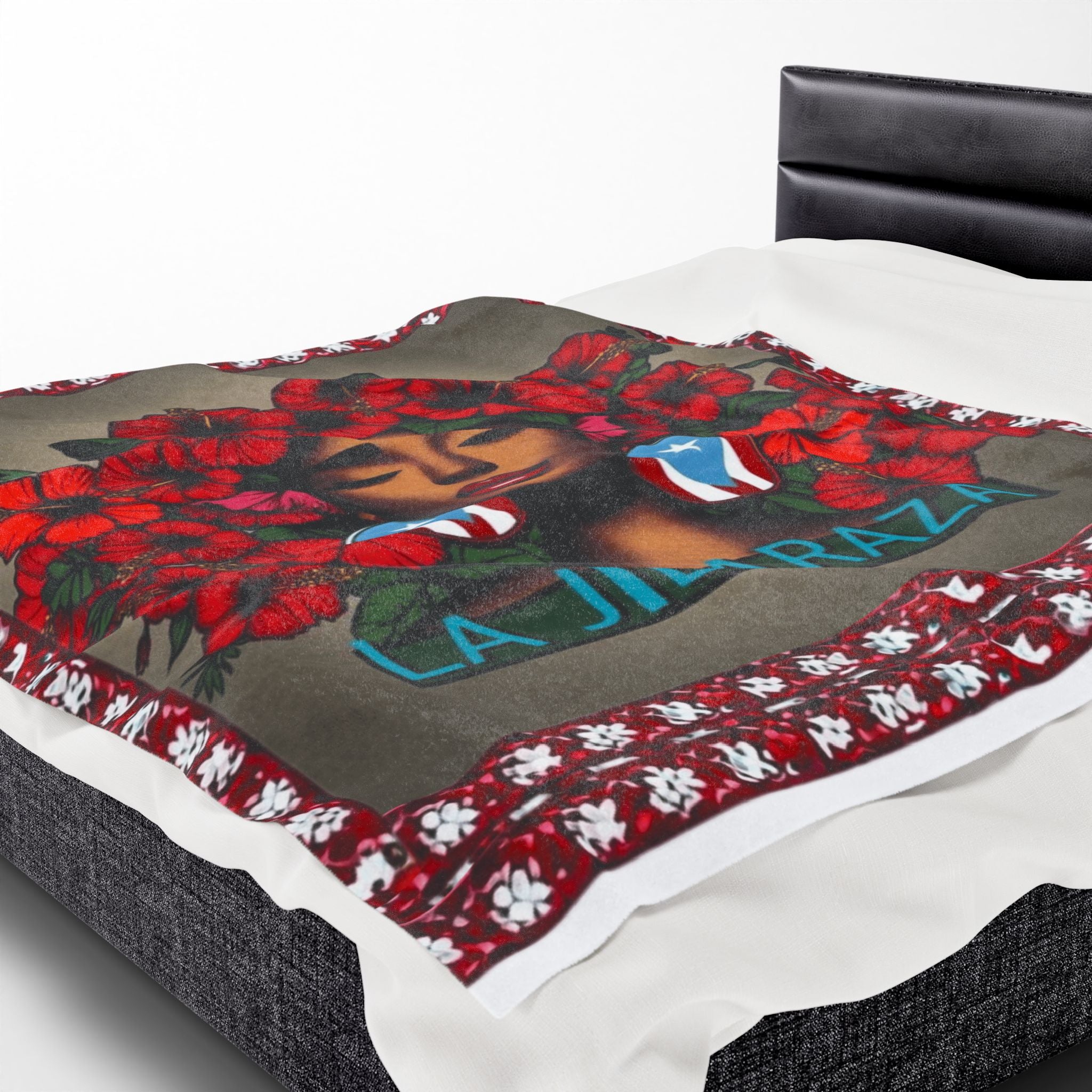 La Jíbaraza Velveteen Plush Blanket  Puerto Rican Floral Afro-Latina Portrait Throw