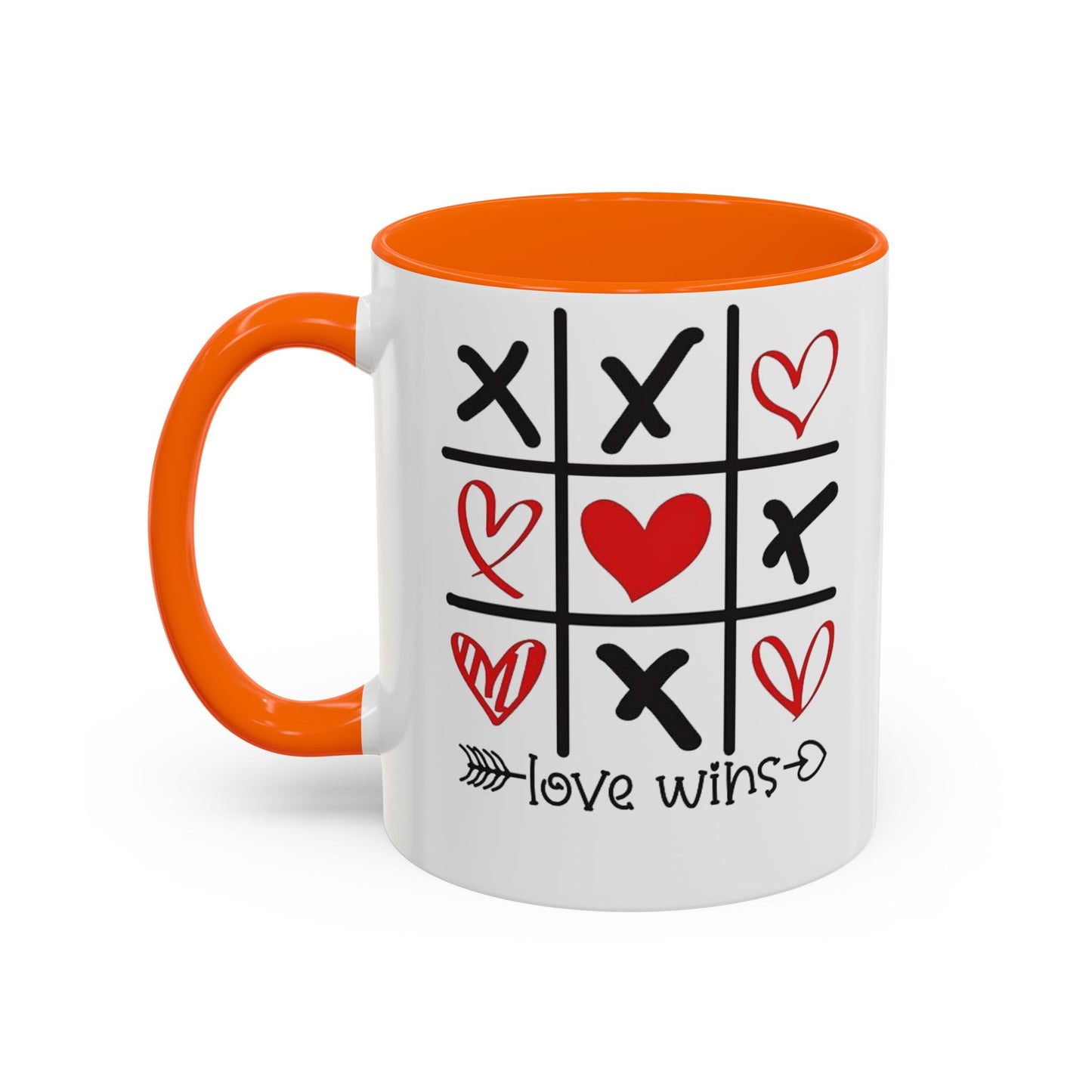 Love Wins Tic-Tac-Toe Heart Accent Coffee Mug — Romantic Valentine 11/15oz