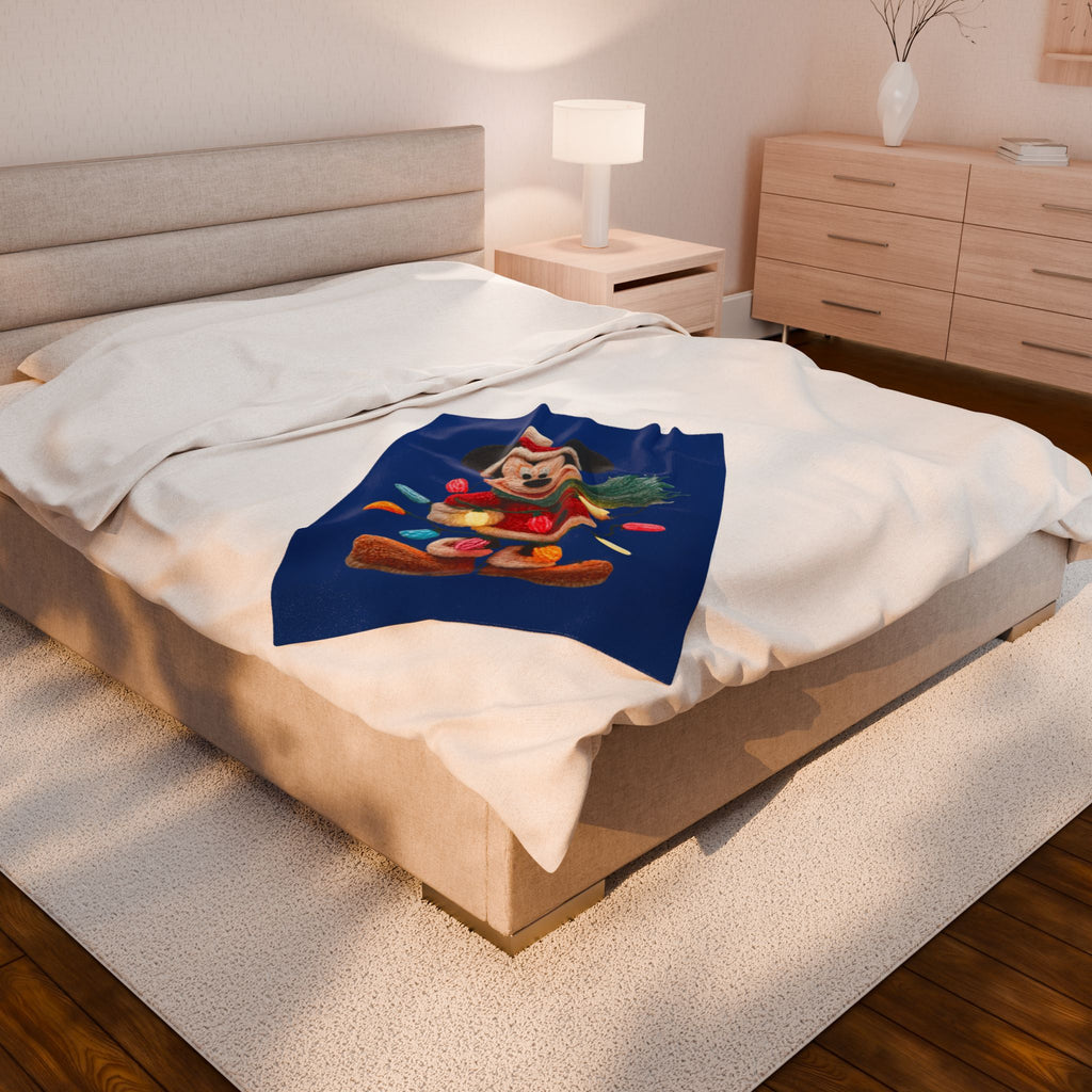 Mickey Mouse Holiday Velveteen Plush Blanket — Festive Lights & Scarf Cozy Throw