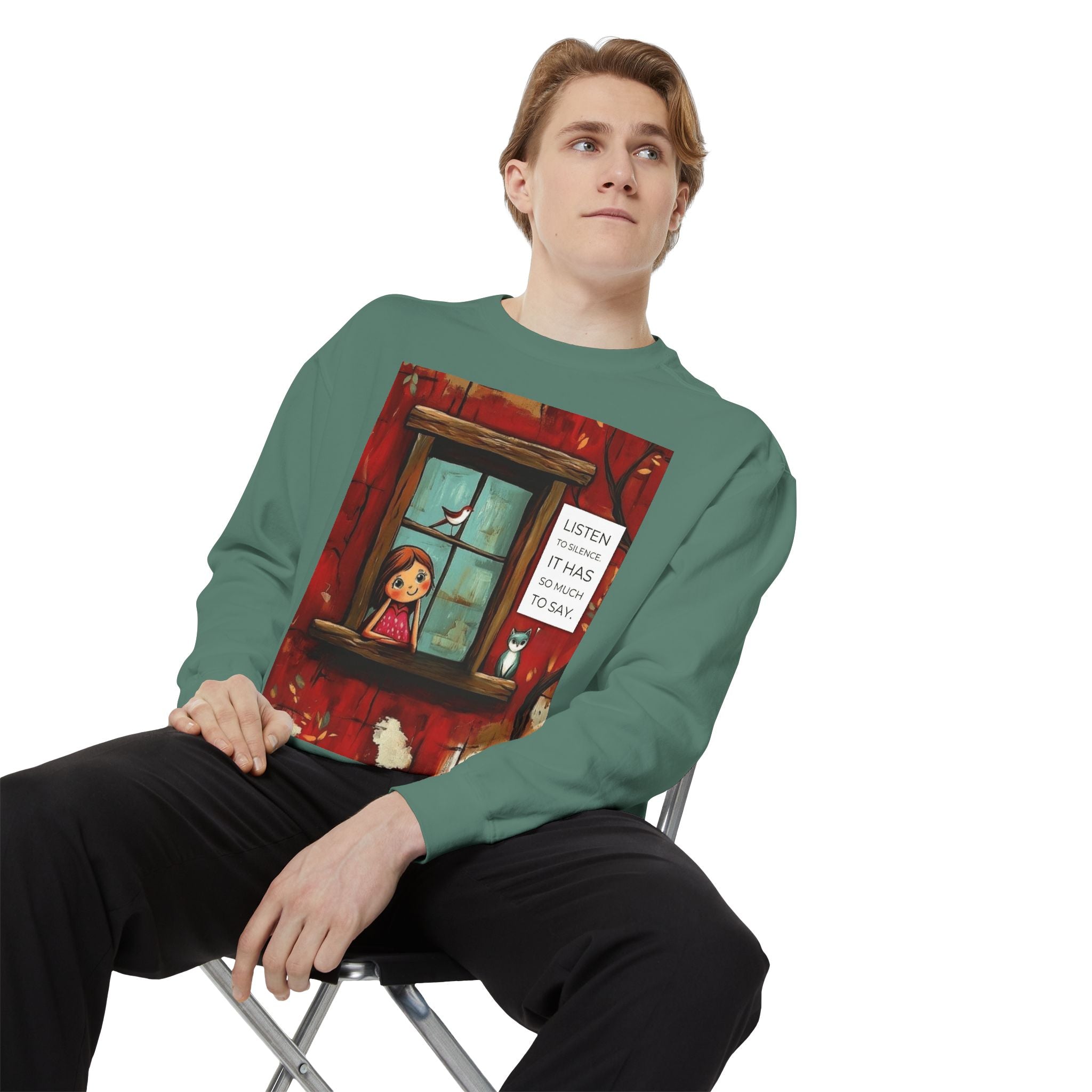 Cozy Window Scene Sweatshirt  "Listen, It Has So Much to Say" Graphic
