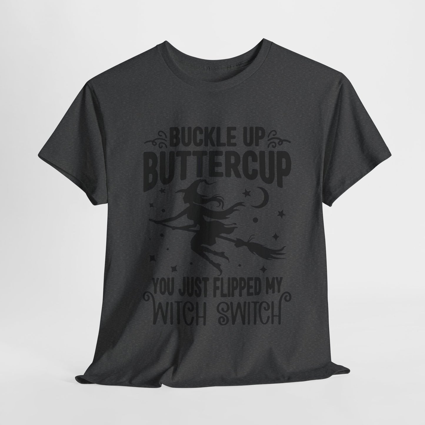 Witchy Humor Tee - Buckle Up Buttercup, Unisex Heavy Cotton Tee, Halloween Shirt, Casual Wear, Gift for Her, Funny T-Shirt