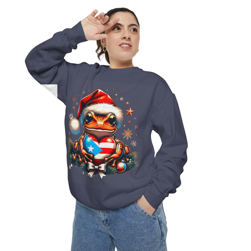 Christmas Coqui Sweatshirt — Cute Santa Frog Holding Ornament Holiday Sweater