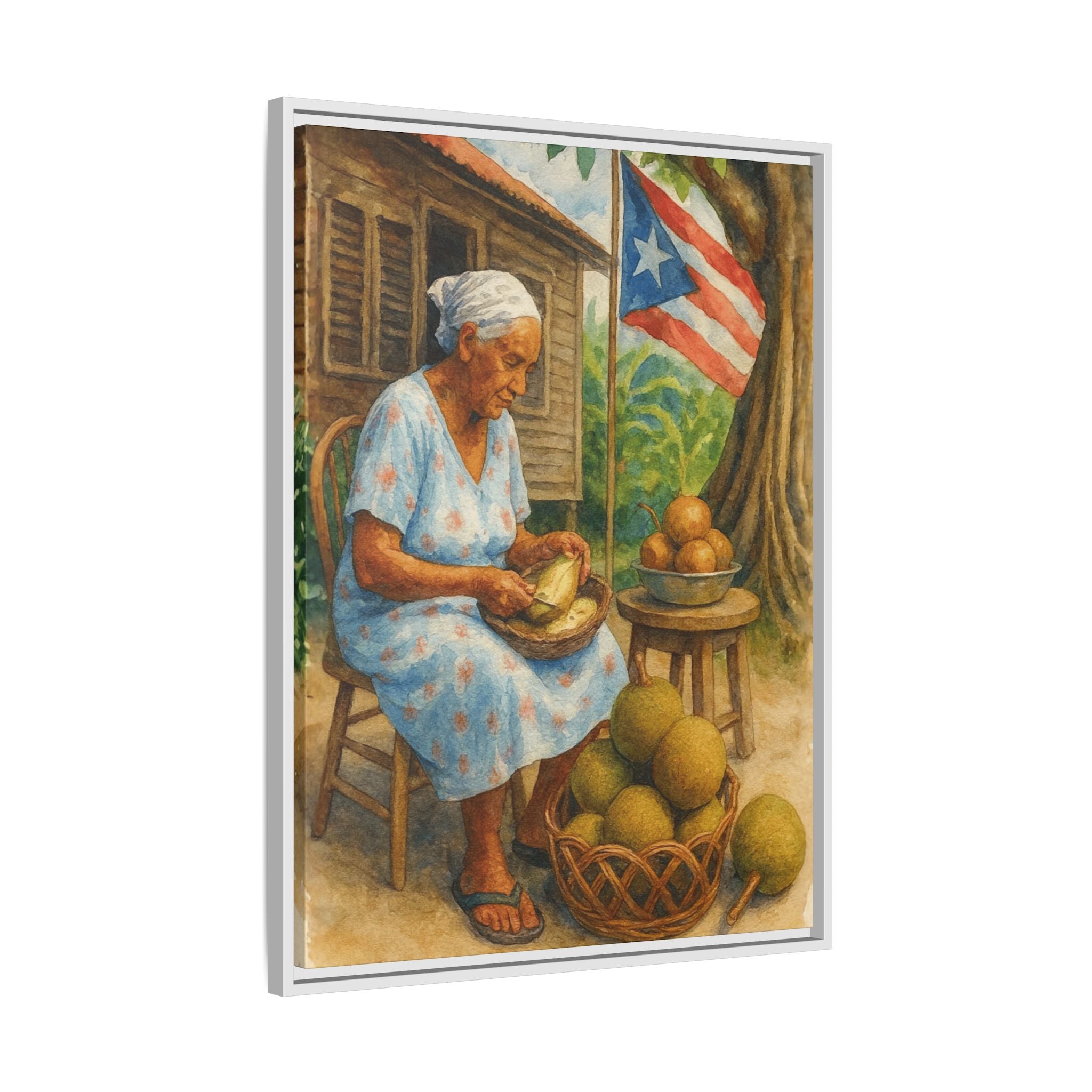 Cultural & Story-Driven These Puerto Rico inspired  Framed Matte Canvas Print  Woman Shelling Fruit Vintage Tropical Painting