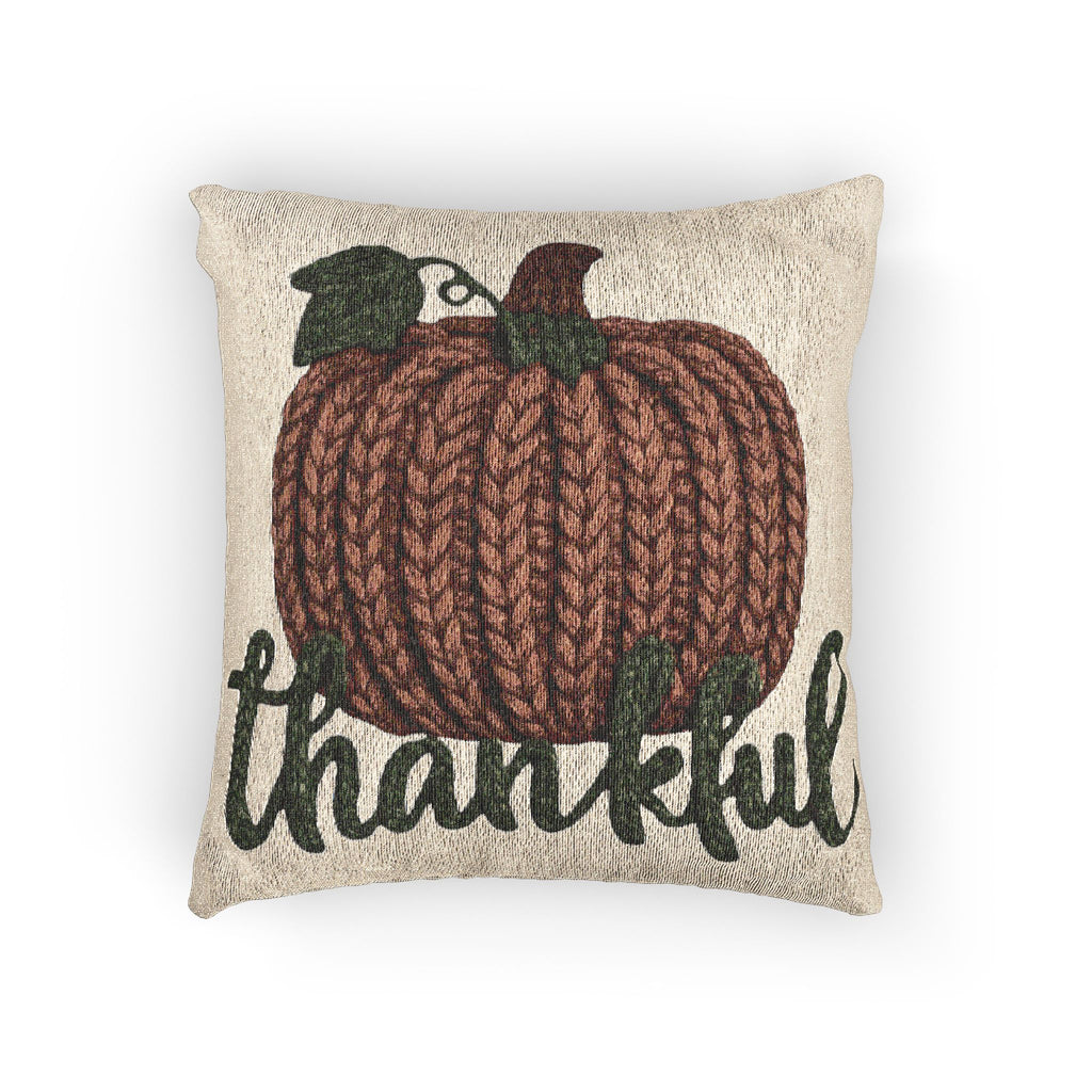 Thankful Pumpkin Woven Pillow — Fall Harvest Decorative Cushion