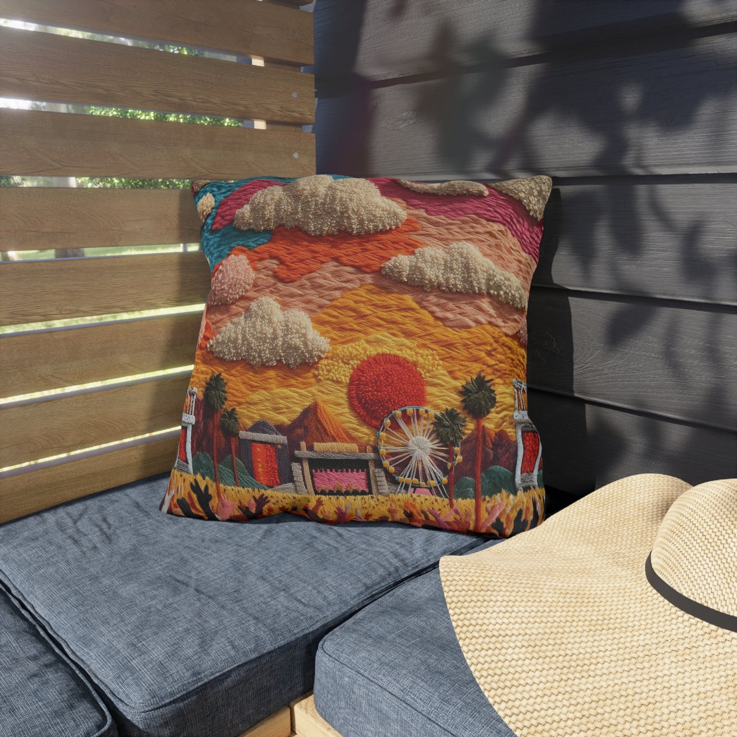 Retro Festival Outdoor Pillow — Sunset Carnival Embroidered Design