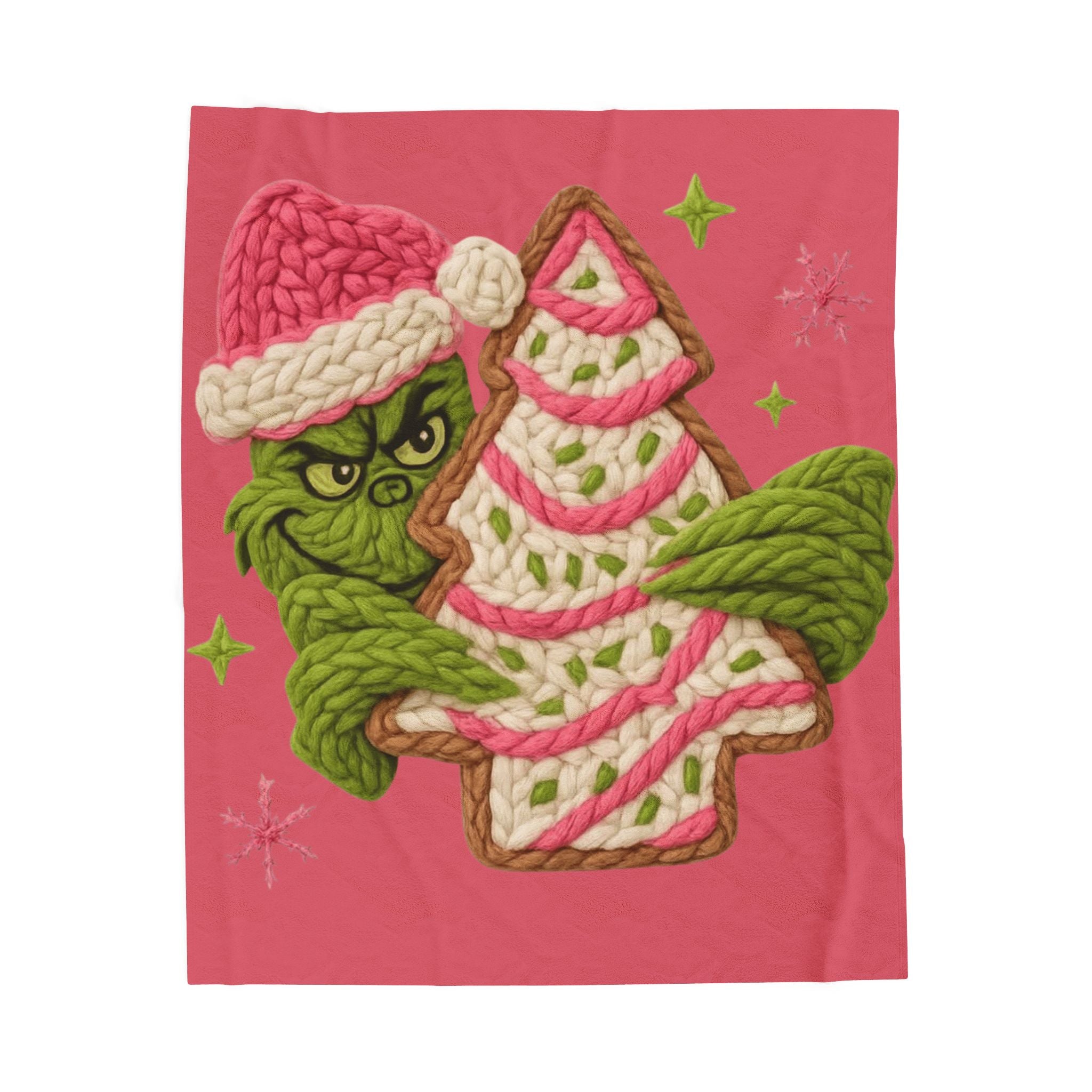 Grinch Holiday Plush Blanket – Cozy Velveteen Christmas Throw with Knitted Tree Design