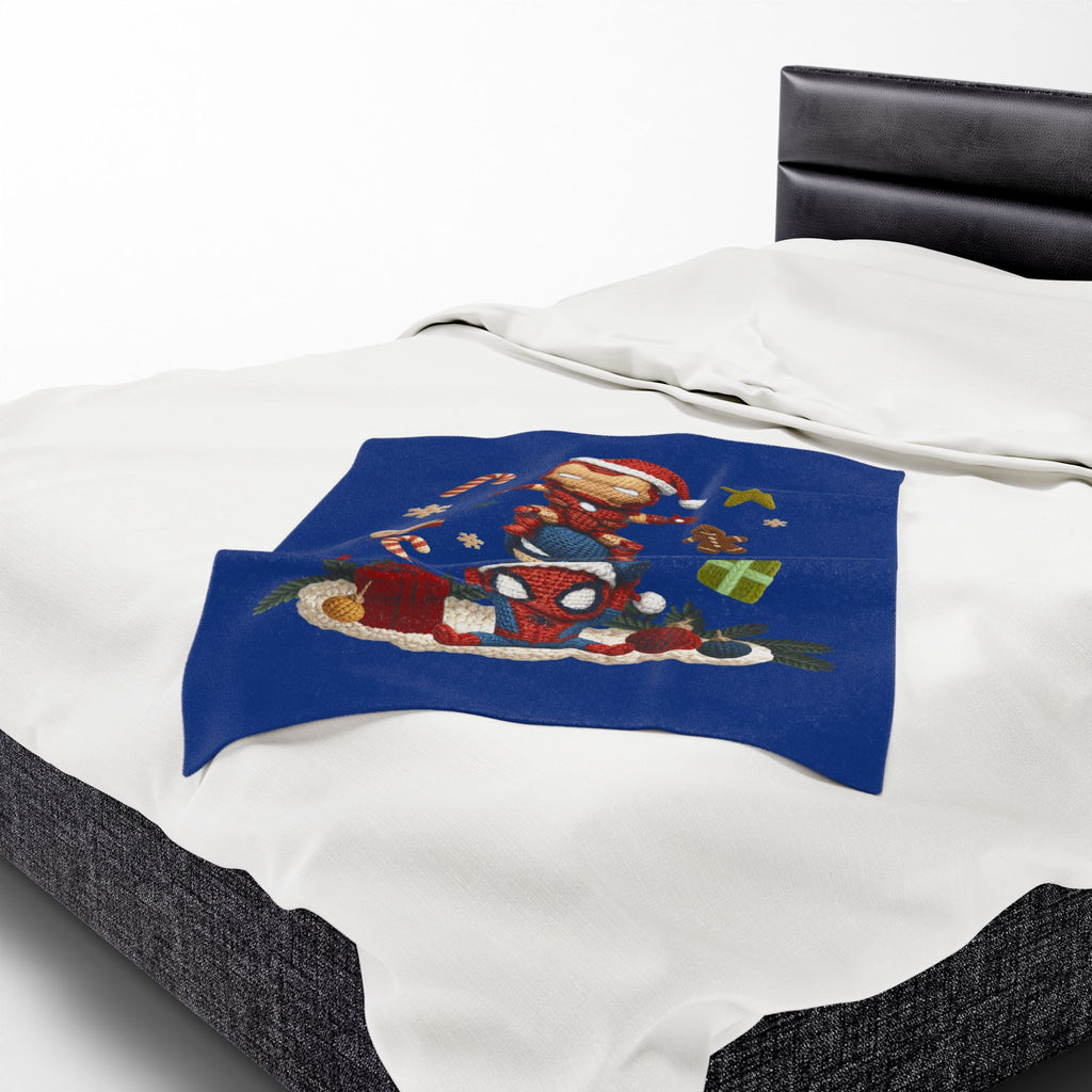 Plush Holiday Marvel Blanket — Cute Iron Man, Captain America & Spider-Man Stack with Christmas Gifts