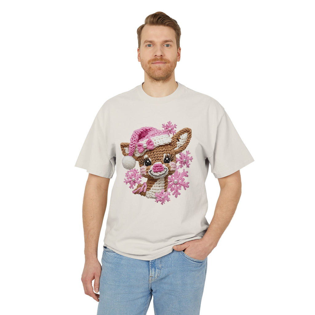 Cute Reindeer Tee — Pink Santa Hat & Snowflakes Holiday T-Shirt  cartoon-style Christmas artwork