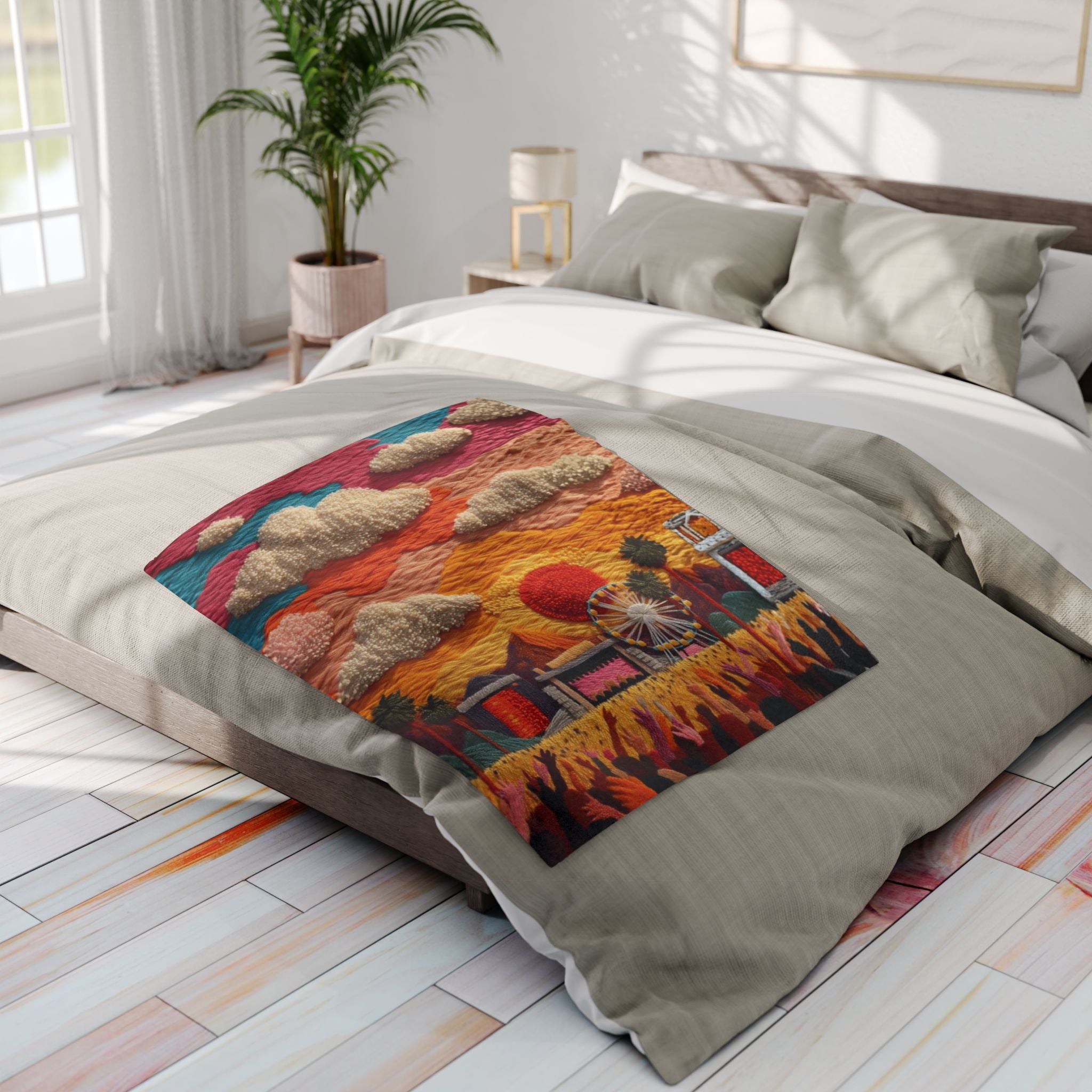 Festival Scene Fleece Blanket — Colorful Sunset Carnival Throw