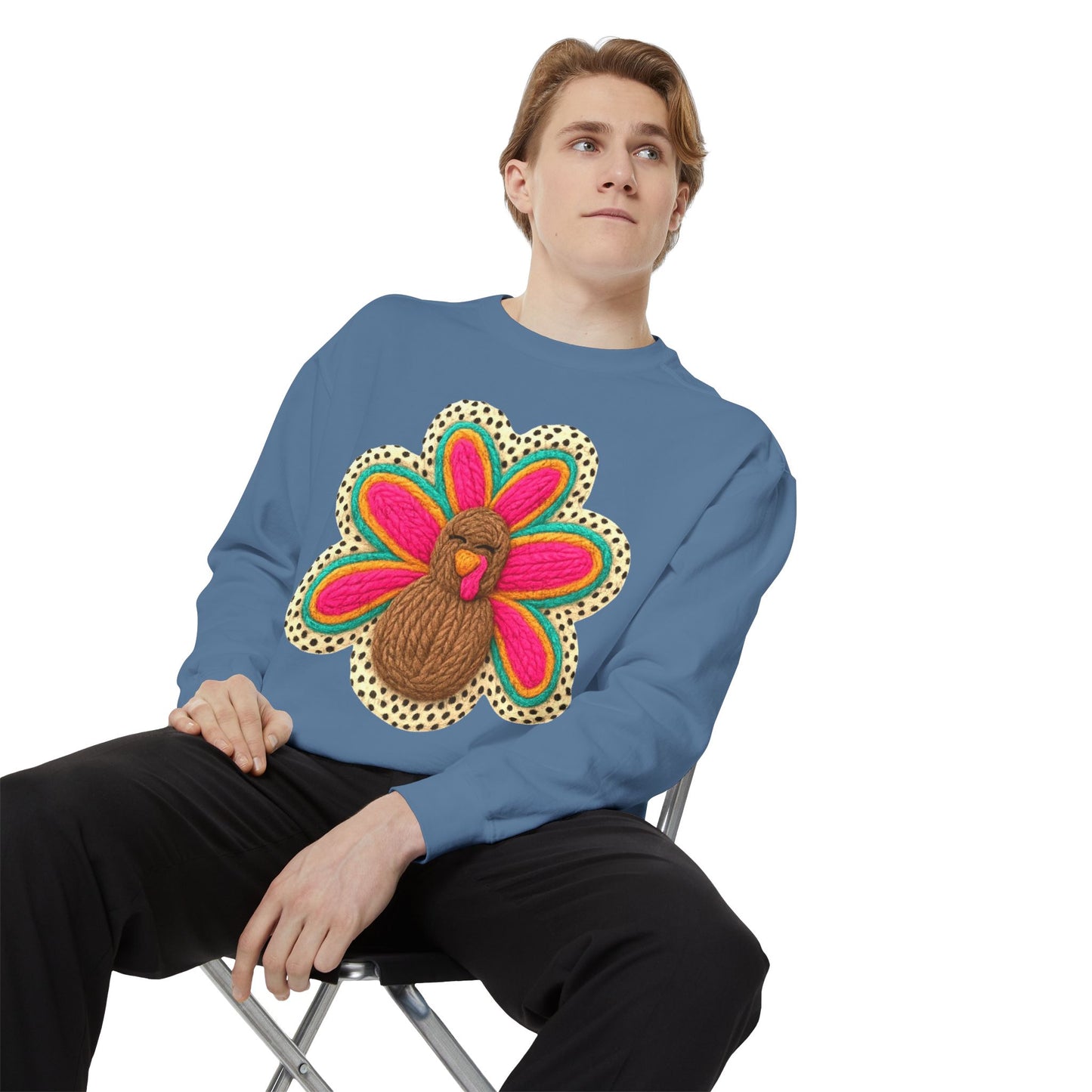 Festive Holiday Designs Turkey Patch Sweatshirt — Colorful Embroidered Thanksgiving Pullover