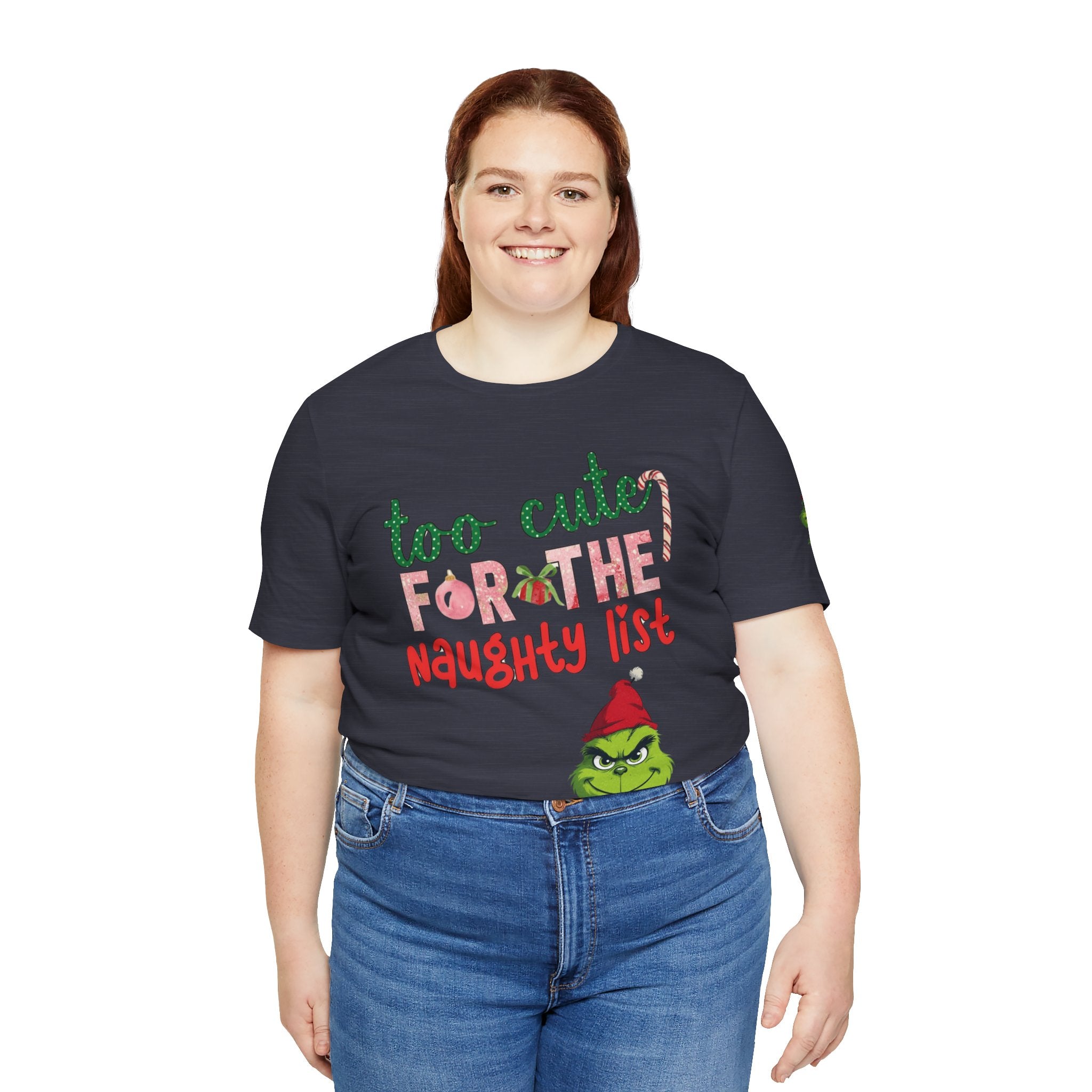Christmas T-Shirts and Sweatshirts Collection Cute Grinch Holiday Tee 'Too Cute for the Naughty List' Unisex Jersey T-Shirt