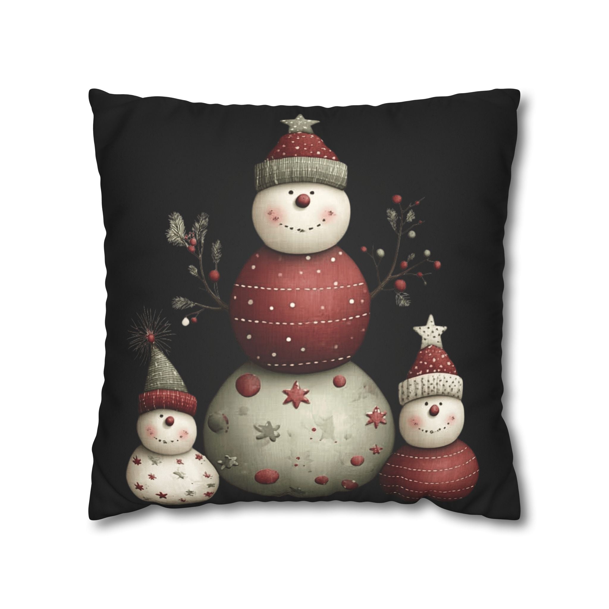 Christmas Snowman Faux Suede Pillowcase – Cute Stacked Snowmen Holiday Decor CHRISTMAS PILLOW DÉCOR