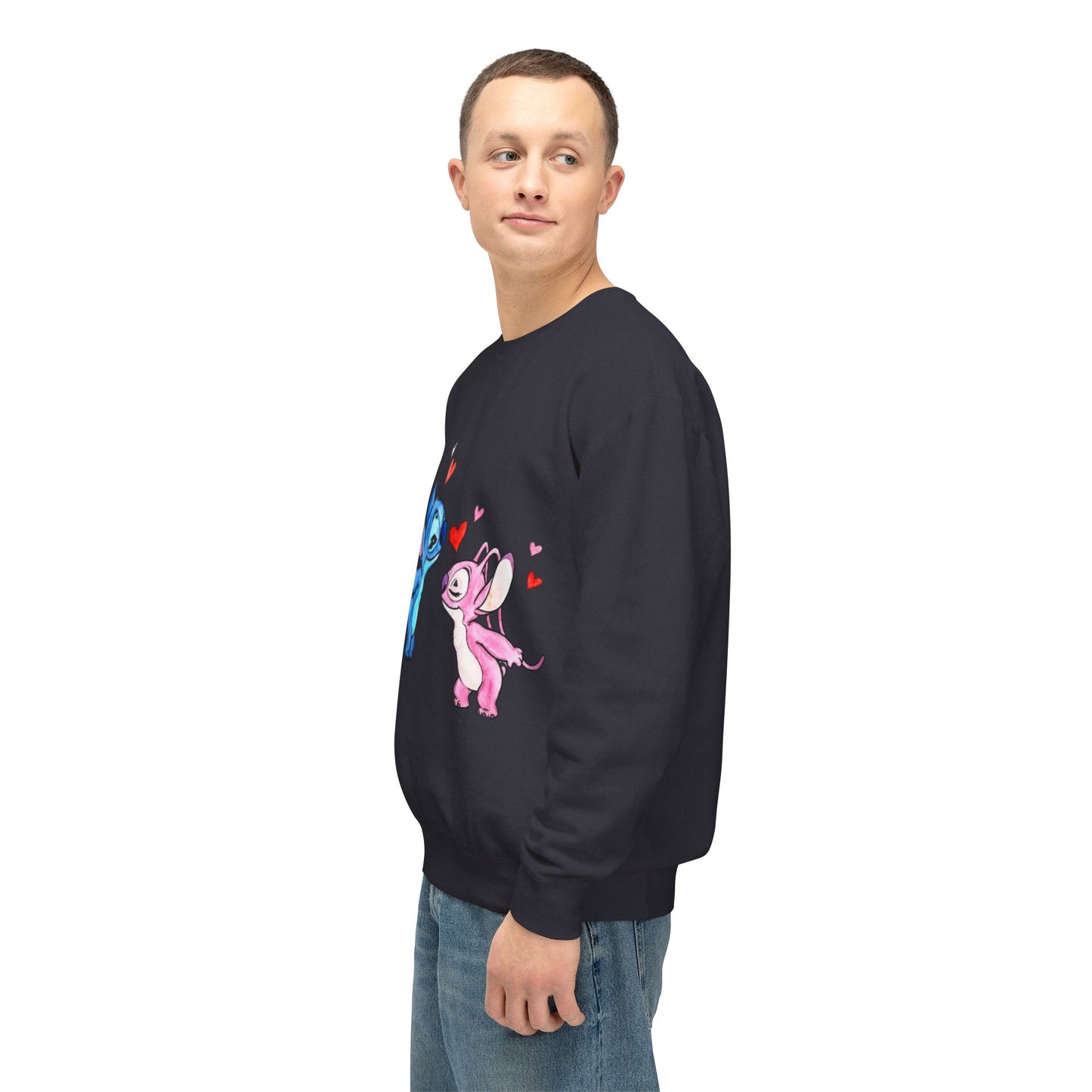 Cute Stitch Valentine Sweatshirt — Blue & Pink Love Characters with Hearts