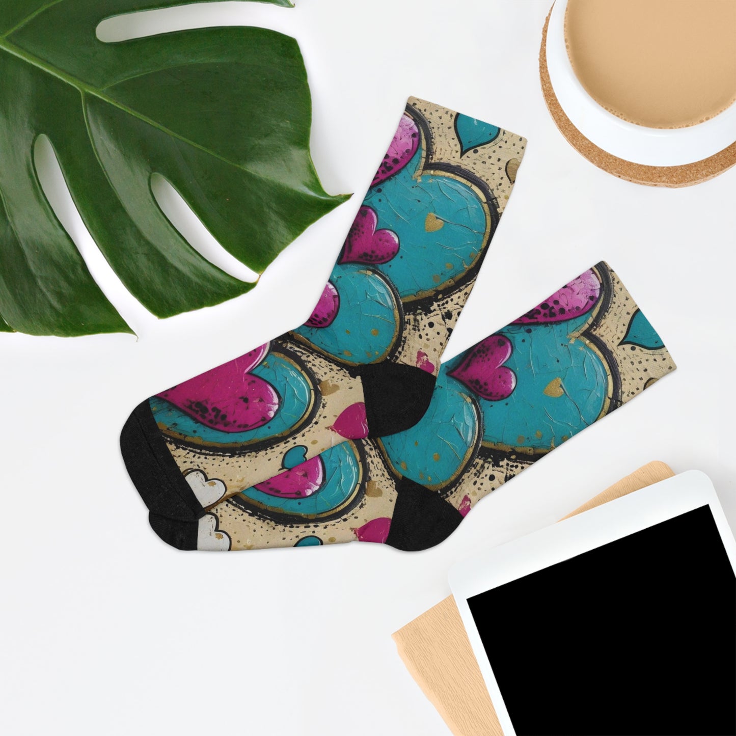 Recycled Poly Socks - Graffiti Heart Print Crew Socks