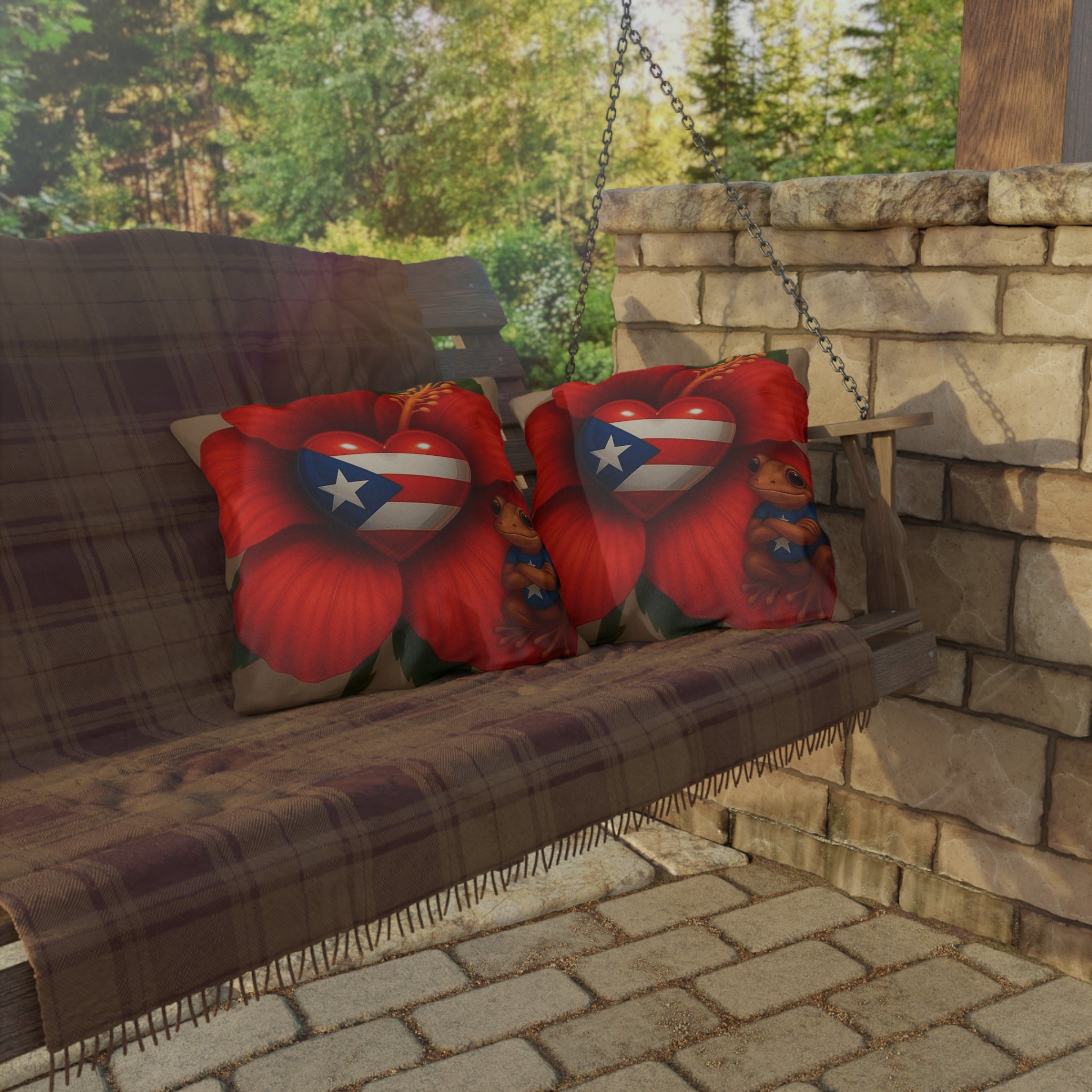 Puerto Rico Heart Flag Outdoor Pillow — Coquí & Hibiscus Patio Cushion Puerto Rico Culture Pillow