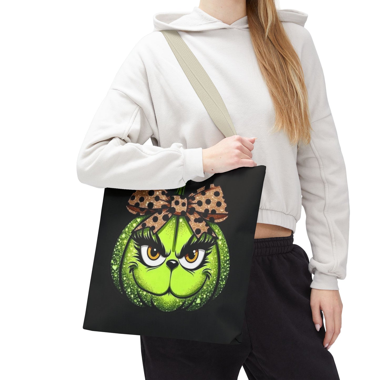 Grinch-Inspired Tote Bag with Polka Dot Bow Christmas Tote Bag Festive Holiday Design