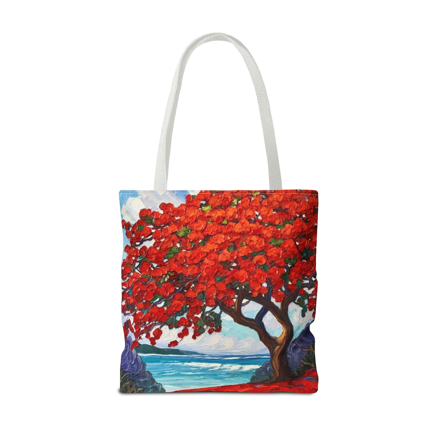 Red Blossom Beach Tote - Tropical Tree Art All-Over Print Tote Bag Crochet-Decorated Tote Bags