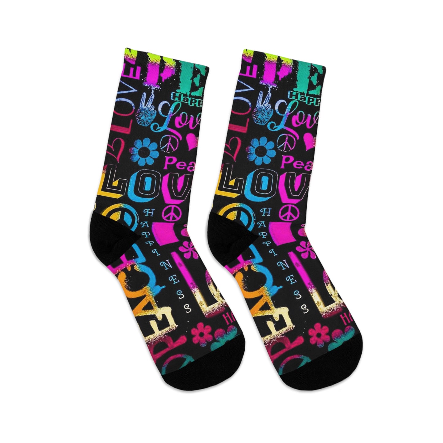 Retro Peace & Love Crew Socks – Colorful Hippie Symbols