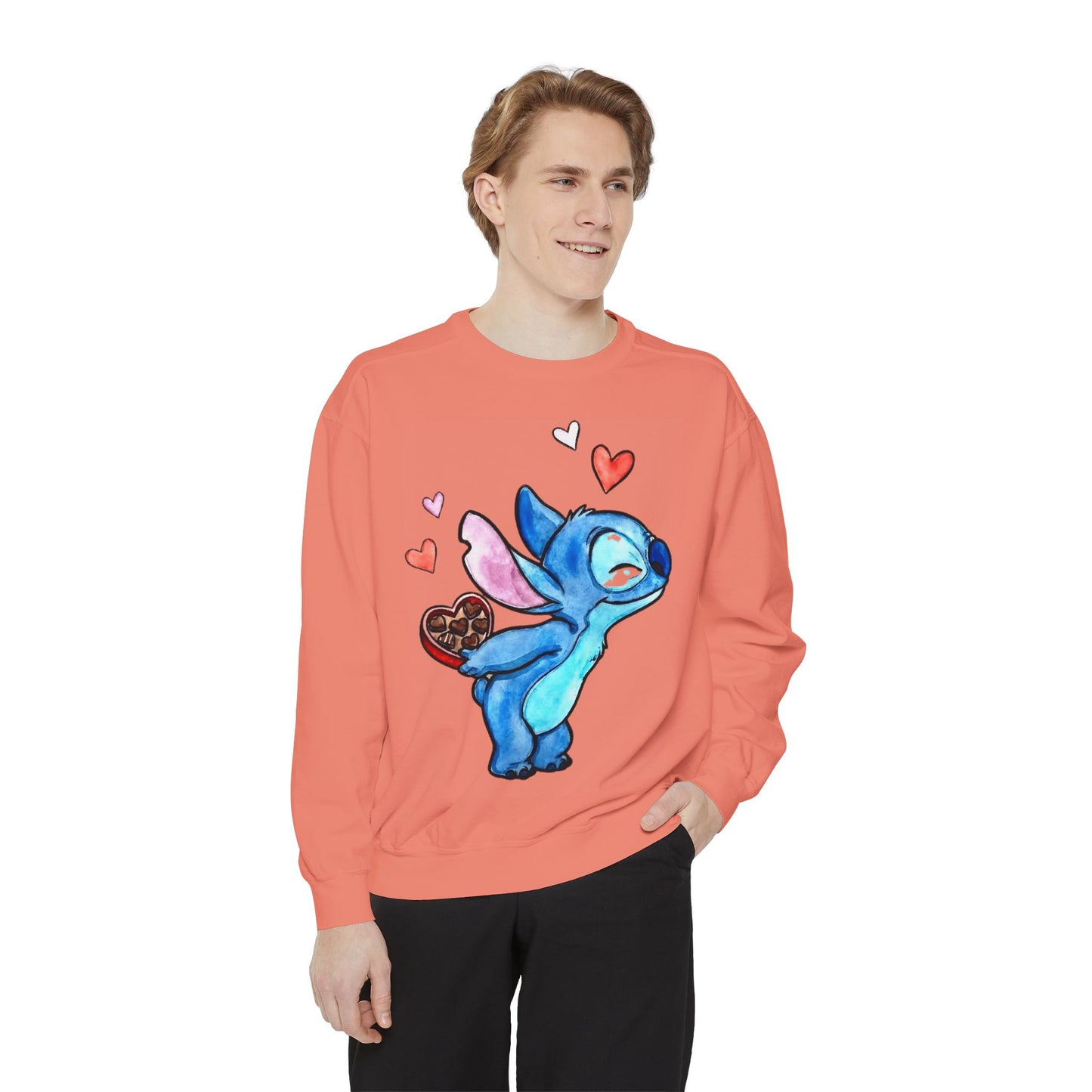 Stitch Valentine Sweatshirt — Cute Blue Alien with Hearts & Chocolate Pocket