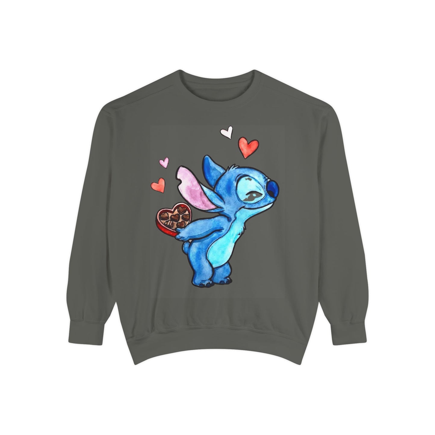Stitch Valentine Sweatshirt — Cute Blue Alien with Hearts & Chocolate Pocket