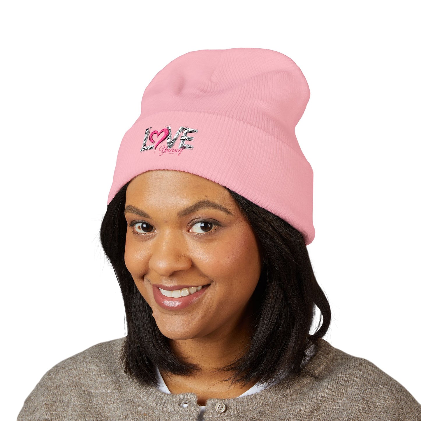 Embroidered 'Love' Heart Cuffed Beanie — Cozy Pink Accent Winter Hat