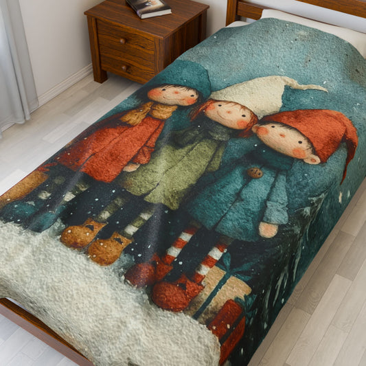 Christmas Elf Trio Velveteen Plush Blanket – Cozy Holiday Kids Throw