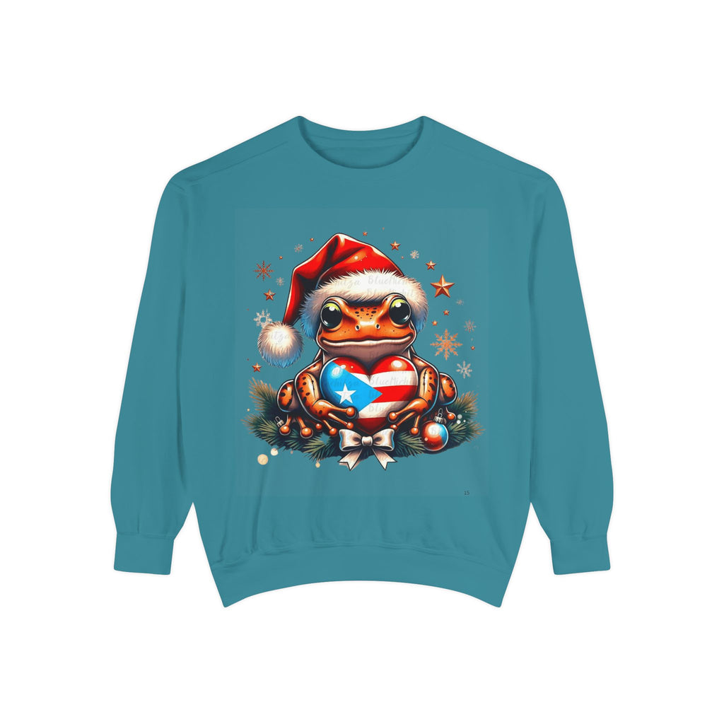 Christmas Coqui Sweatshirt — Cute Santa Frog Holding Ornament Holiday Sweater