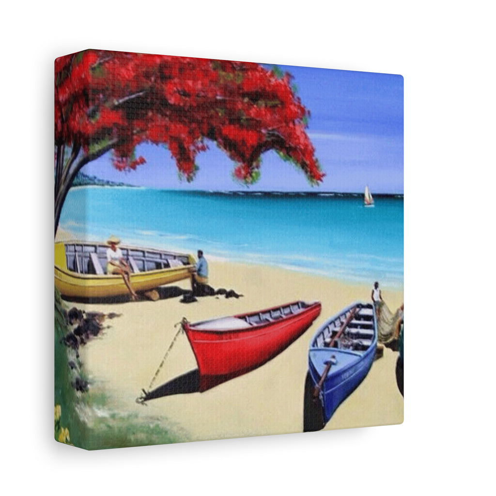 Beach Canoes Canvas Wall Art Tropical Seaside Landscape Matte Stretched Canvas