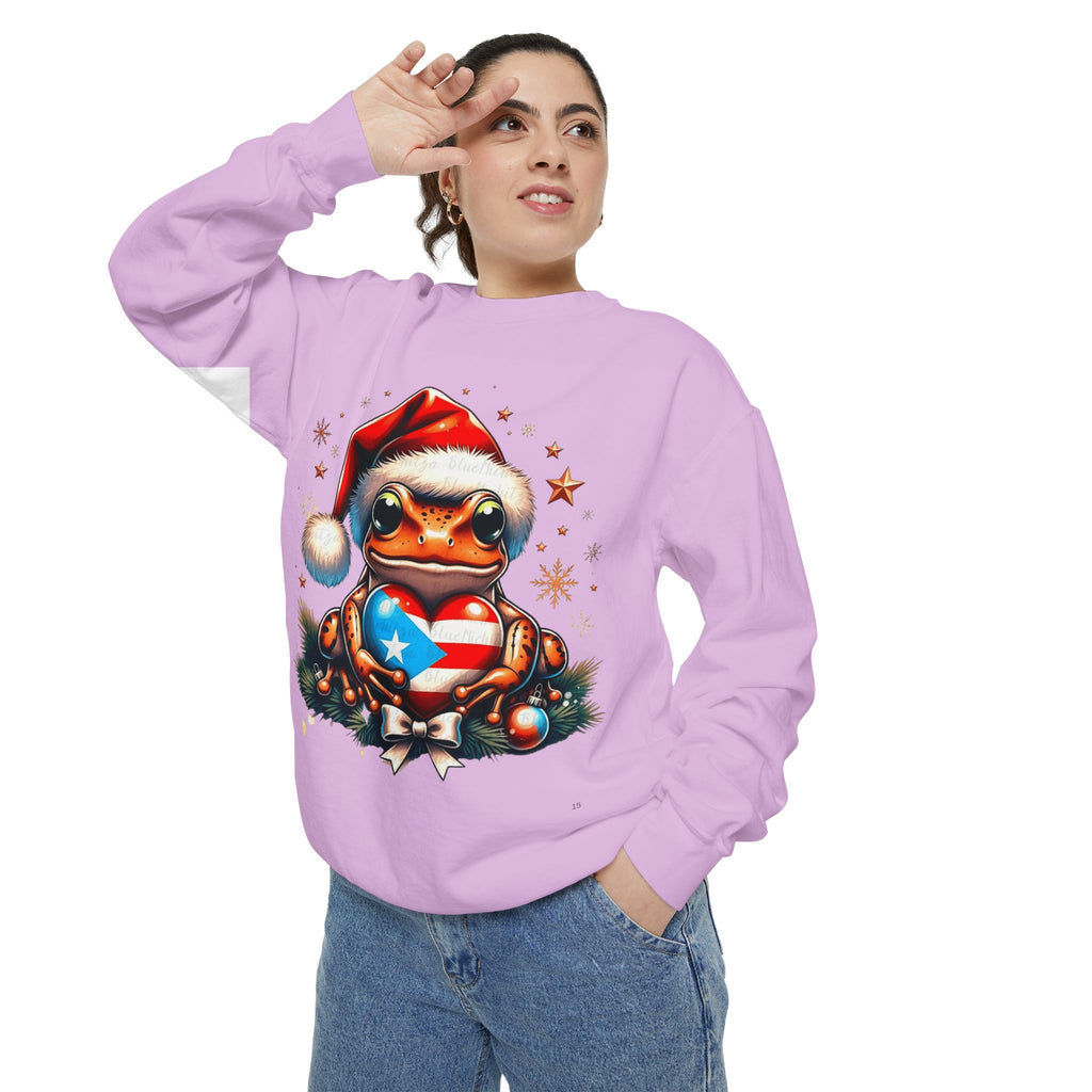 Christmas Coqui Sweatshirt — Cute Santa Frog Holding Ornament Holiday Sweater