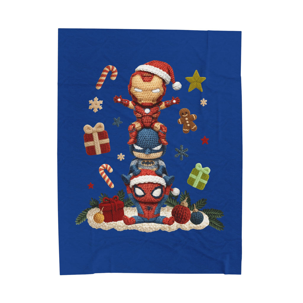 Plush Holiday Marvel Blanket — Cute Iron Man, Captain America & Spider-Man Stack with Christmas Gifts