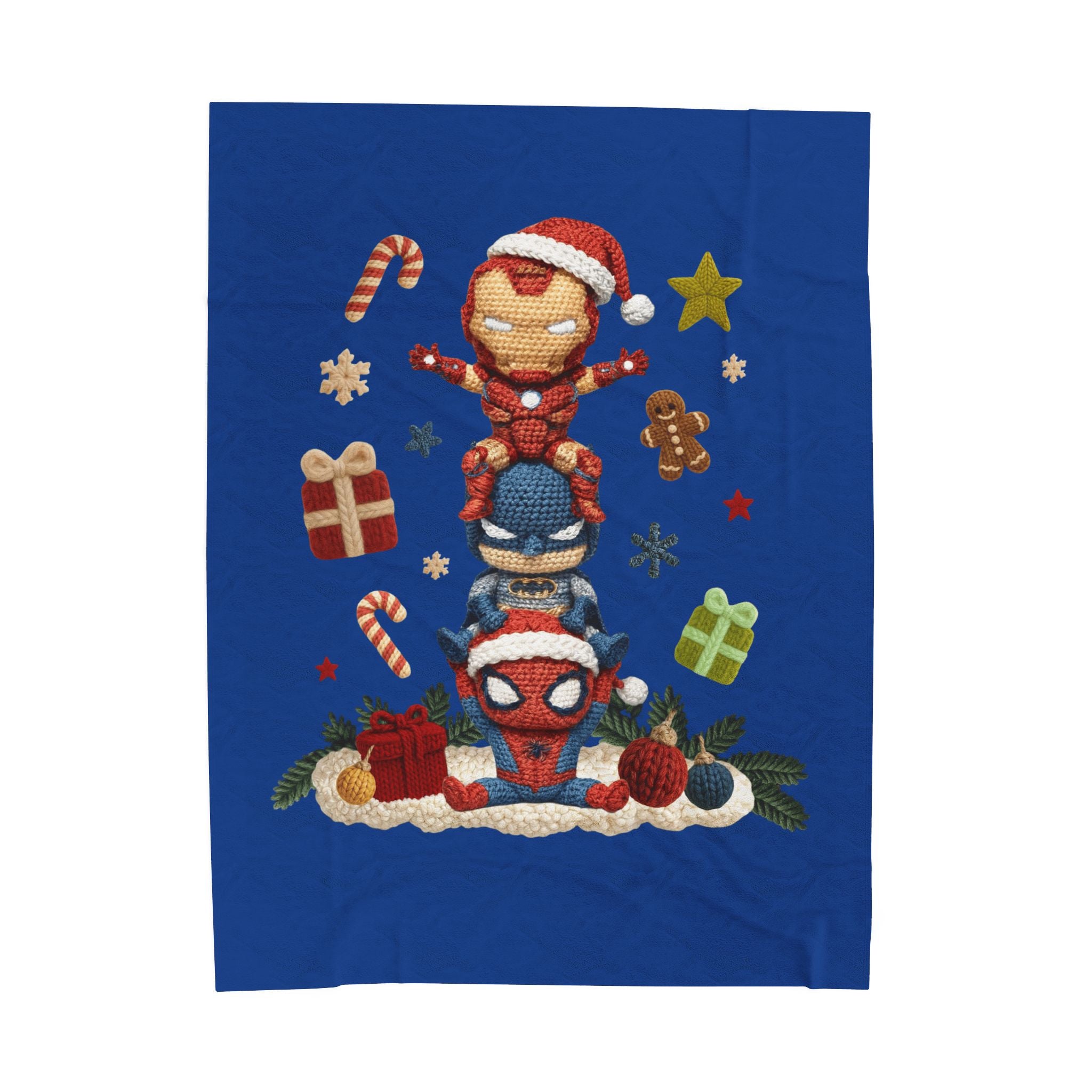 Plush Holiday Marvel Blanket — Cute Iron Man, Captain America & Spider-Man Stack with Christmas Gifts