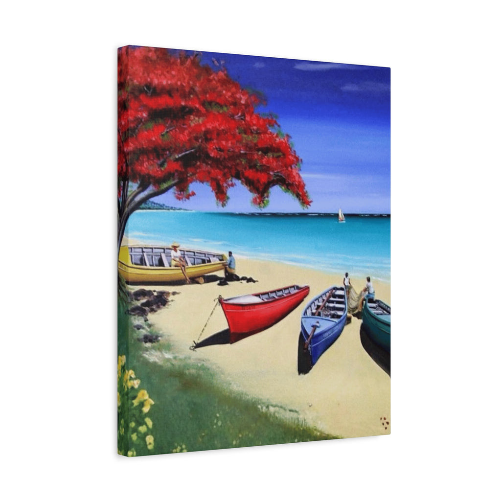 Beach Canoes Canvas Wall Art Tropical Seaside Landscape Matte Stretched Canvas