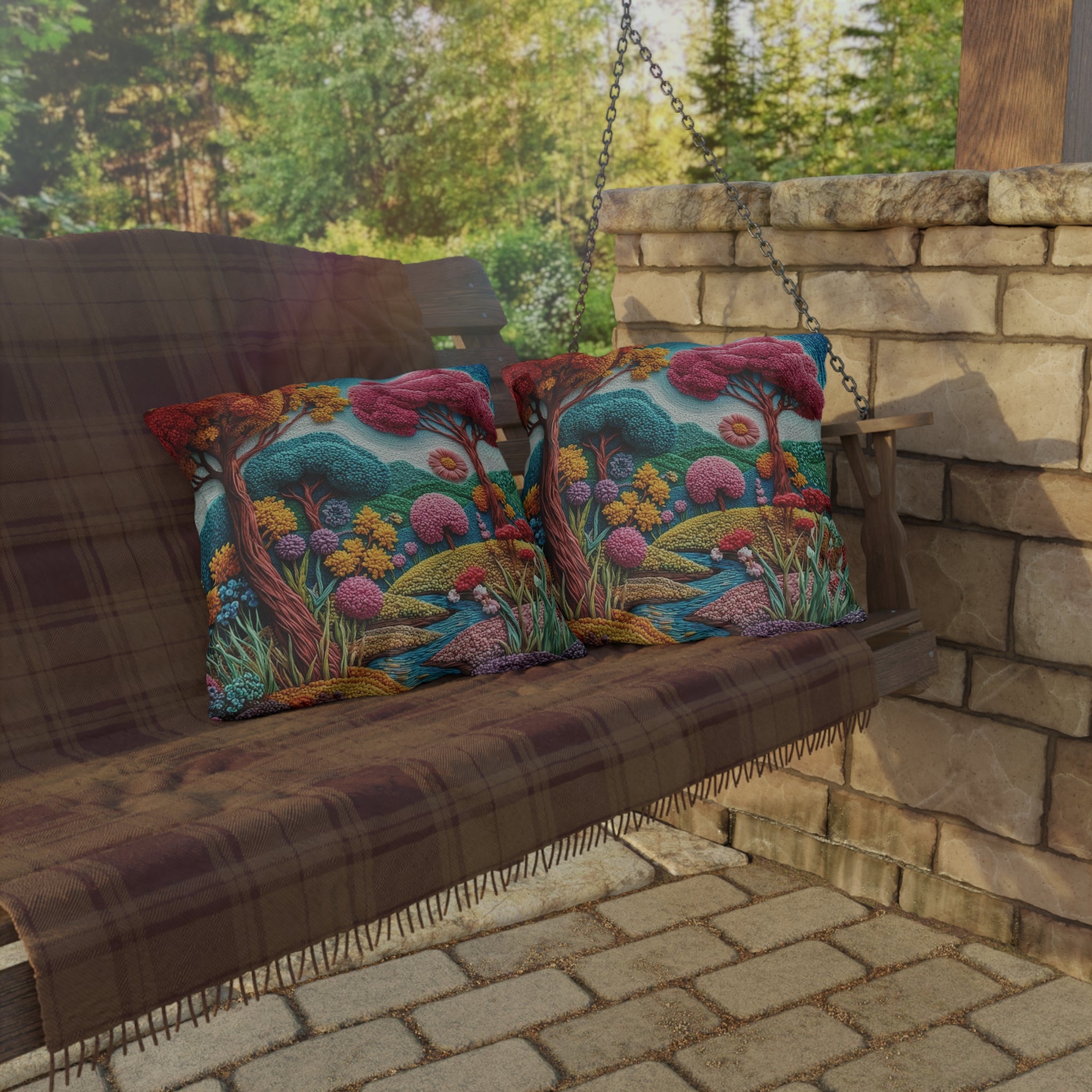Outdoor Pillow — Colorful Whimsical Garden Landscape Throw Pillow